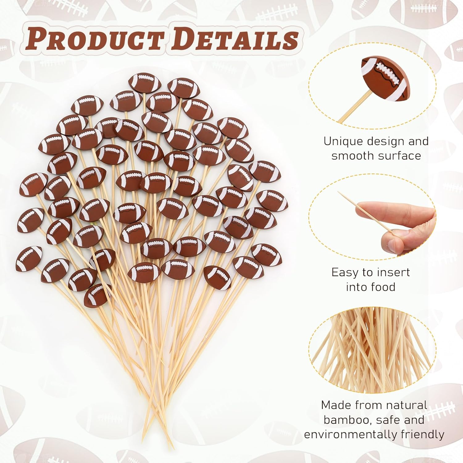 100 Pcs Football Toothpicks, 4.72 Inch Football Cocktail Picks for Appetizers, Long Bamboo Toothpicks, Decorative Toothpicks Skewers for Holiday Birthday Party Decorations (Football) - Image 5