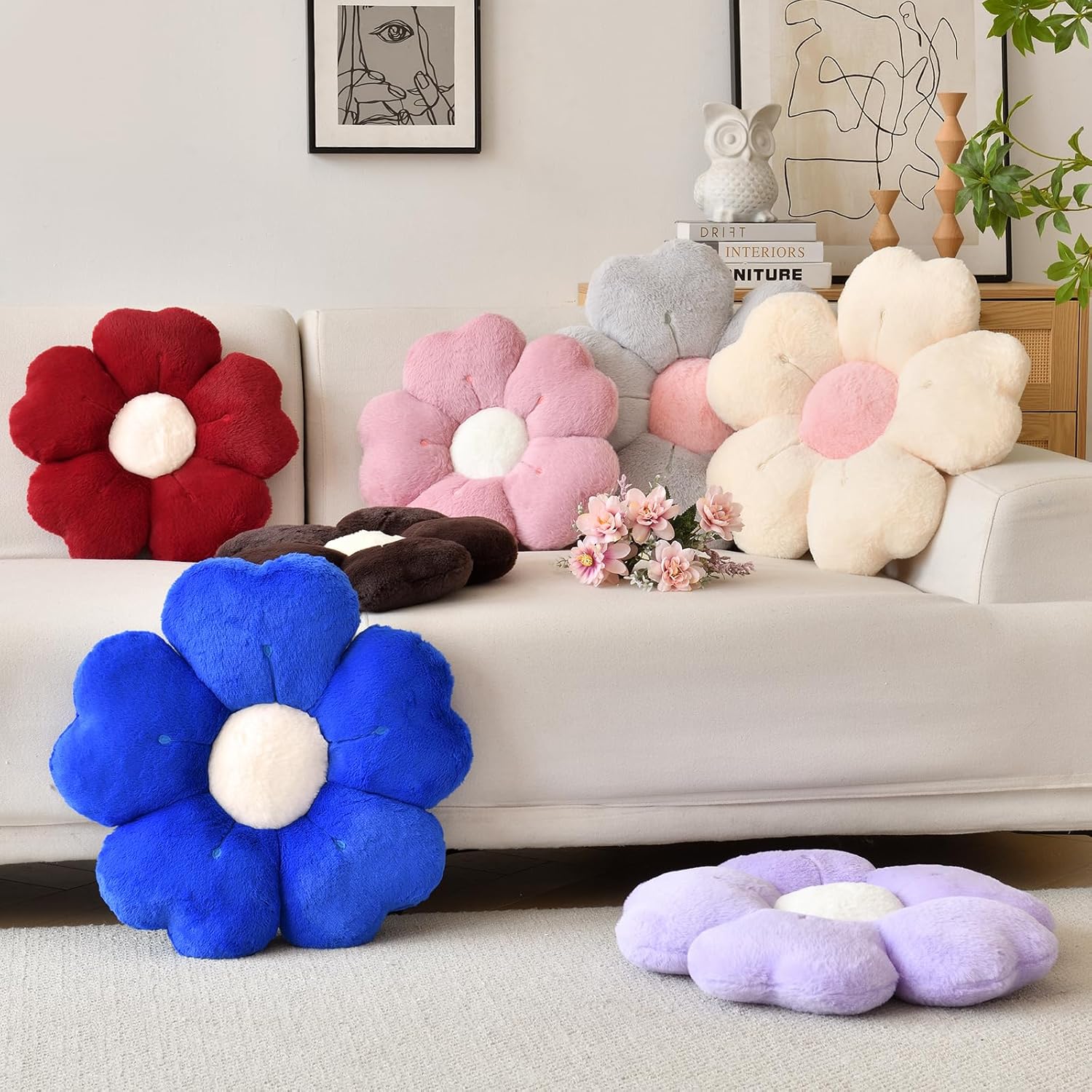 Flower Shaped Pillow, Cute Decorative Throw Pillow with Soft Artificial Rabbit Fur for Couch Bed Chair Floor, Flower Pillows Seating Cushions with Room Décor for Bedroom Living Room (14.9