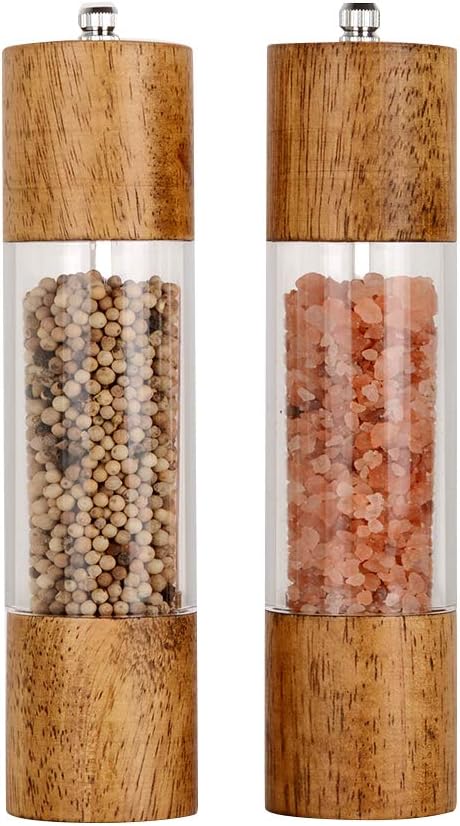 Premium Acrylic Salt and Pepper Grinder Set, Manual Salt and Pepper Mills- Wooden Shakers with Adjustable Ceramic Core-Salt Grinder and Pepper Mill -8 Inches-Pack of 2 - Image 1