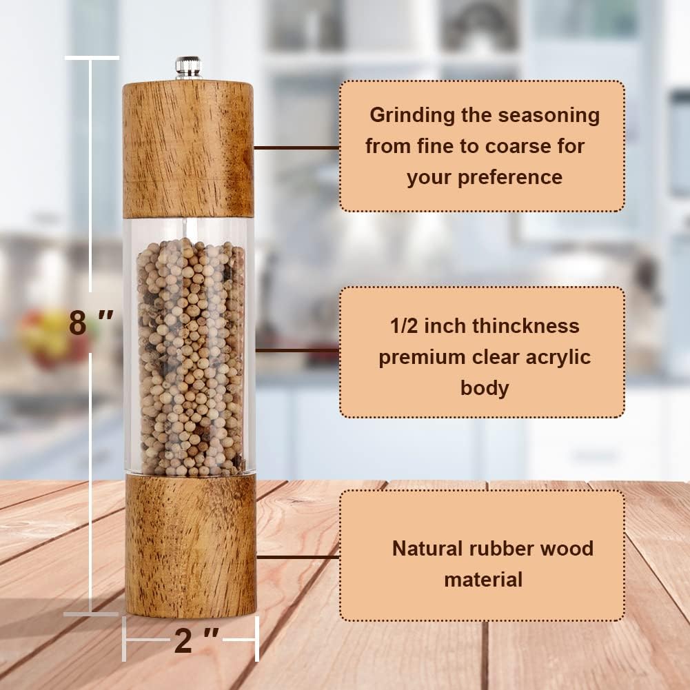 Premium Acrylic Salt and Pepper Grinder Set, Manual Salt and Pepper Mills- Wooden Shakers with Adjustable Ceramic Core-Salt Grinder and Pepper Mill -8 Inches-Pack of 2 - Image 2