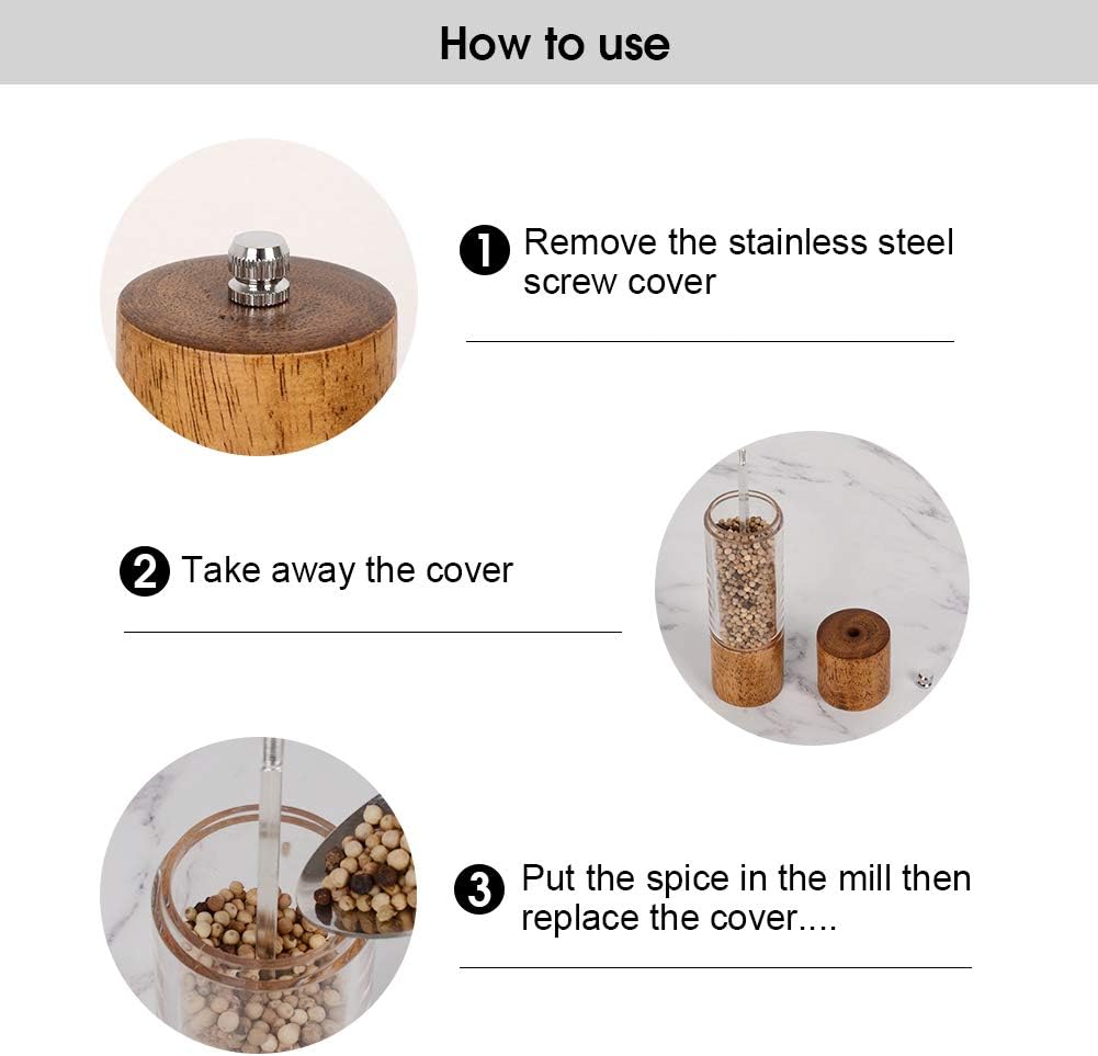 Premium Acrylic Salt and Pepper Grinder Set, Manual Salt and Pepper Mills- Wooden Shakers with Adjustable Ceramic Core-Salt Grinder and Pepper Mill -8 Inches-Pack of 2 - Image 4