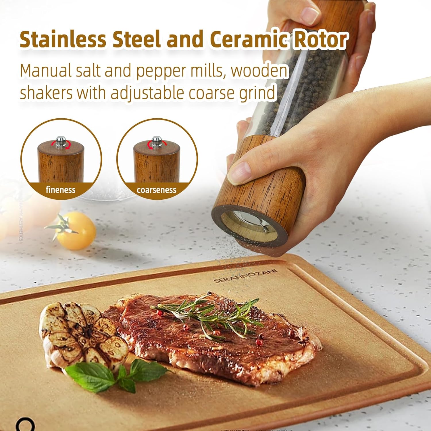 Premium Acrylic Salt and Pepper Grinder Set, Manual Salt and Pepper Mills- Wooden Shakers with Adjustable Ceramic Core-Salt Grinder and Pepper Mill -8 Inches-Pack of 2 - Image 5