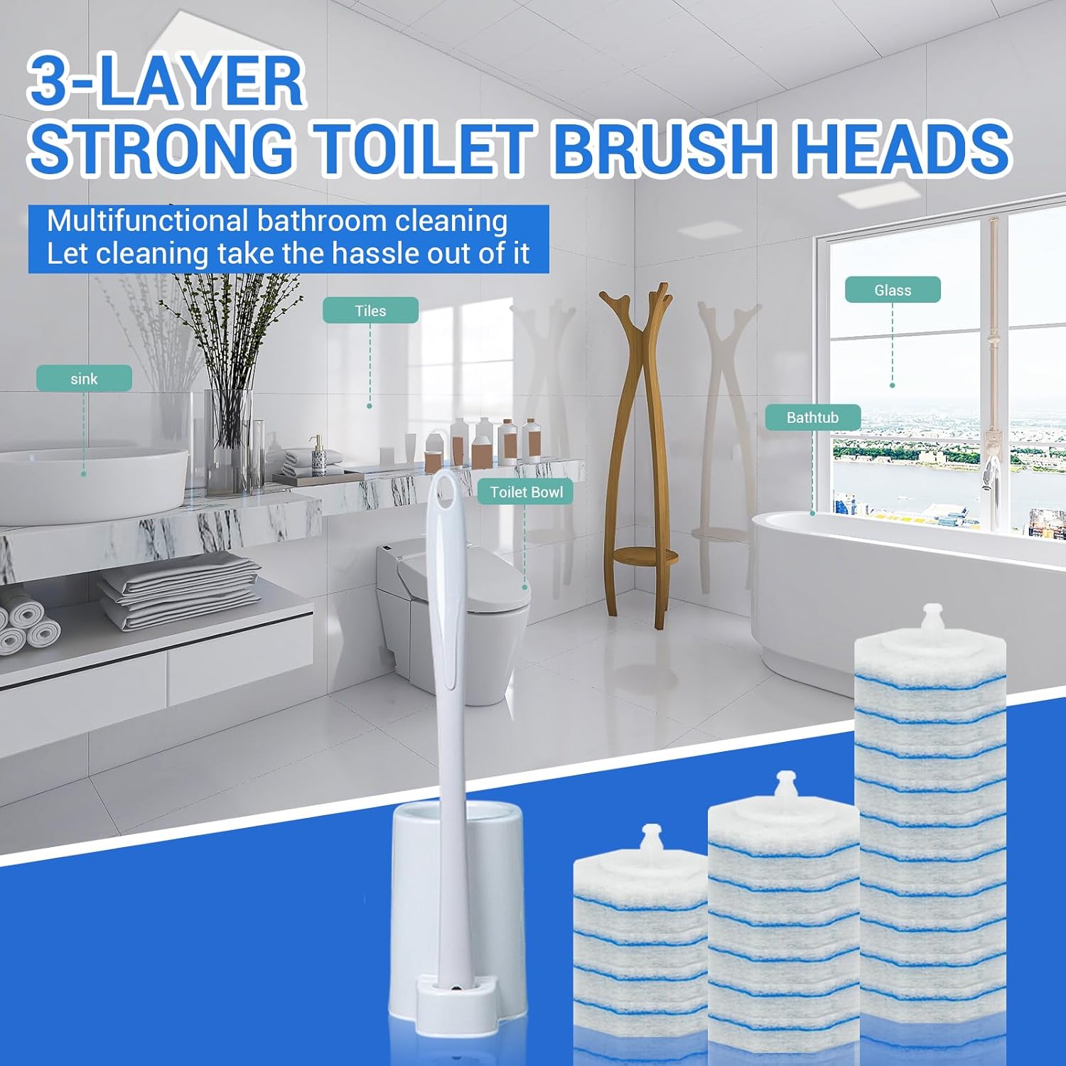 50PC Toilet Bowl Wand Refills, Disposable Toilet Brush Heads, Wall Mounted Scrubber Refill, Cleaner Refill Pads with Most Brushes for and Bathroom Cleaning - Image 6