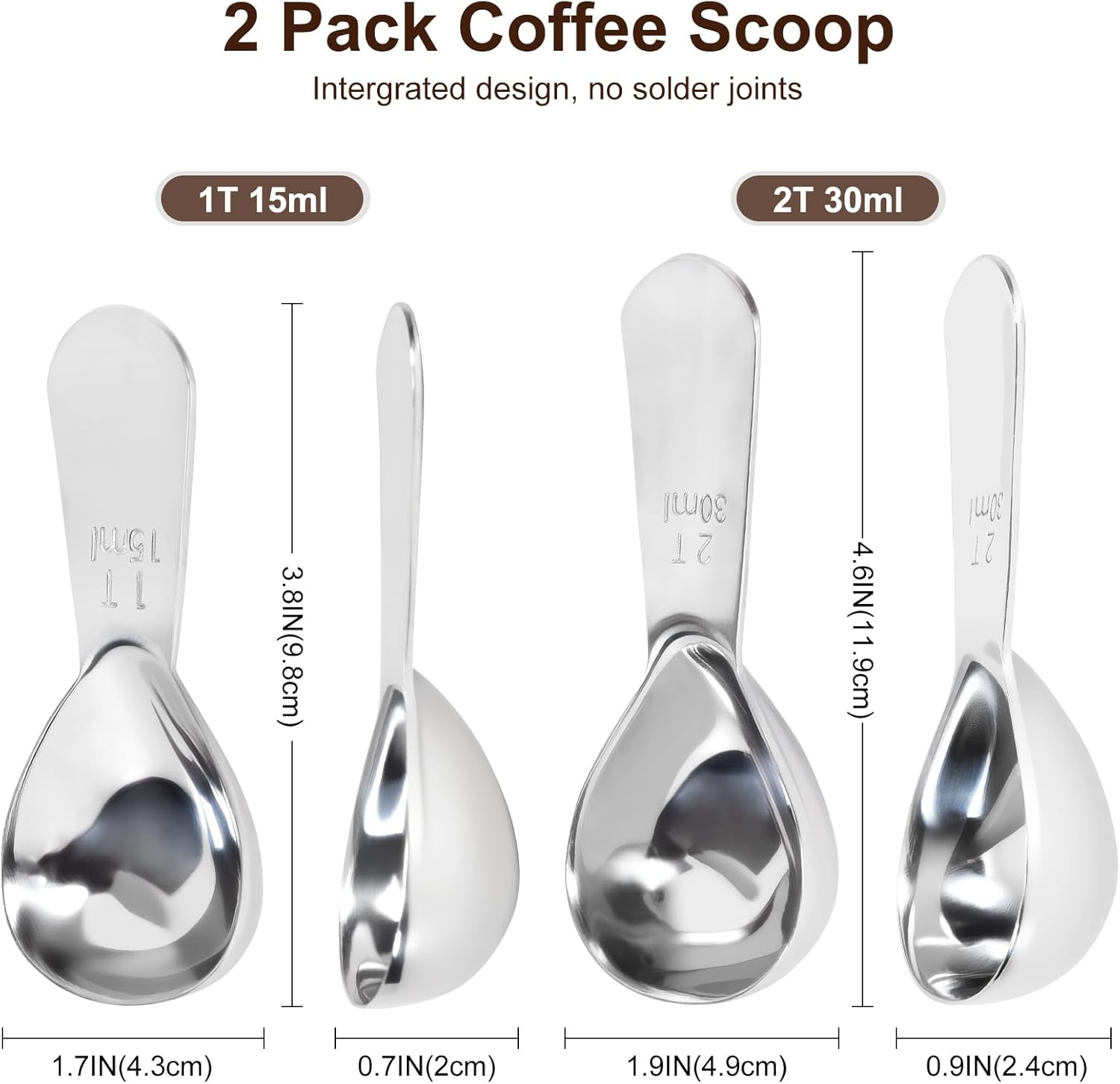 2Pcs Coffee Scoops, Premium 18/8 Stainless Steel Coffee Spoons, Set of 2 Short Handled (1 Tablespoon & 2 Tablespoon) Coffee Measuring Spoon for Ground Coffee, Tea and Powder by - Image 2