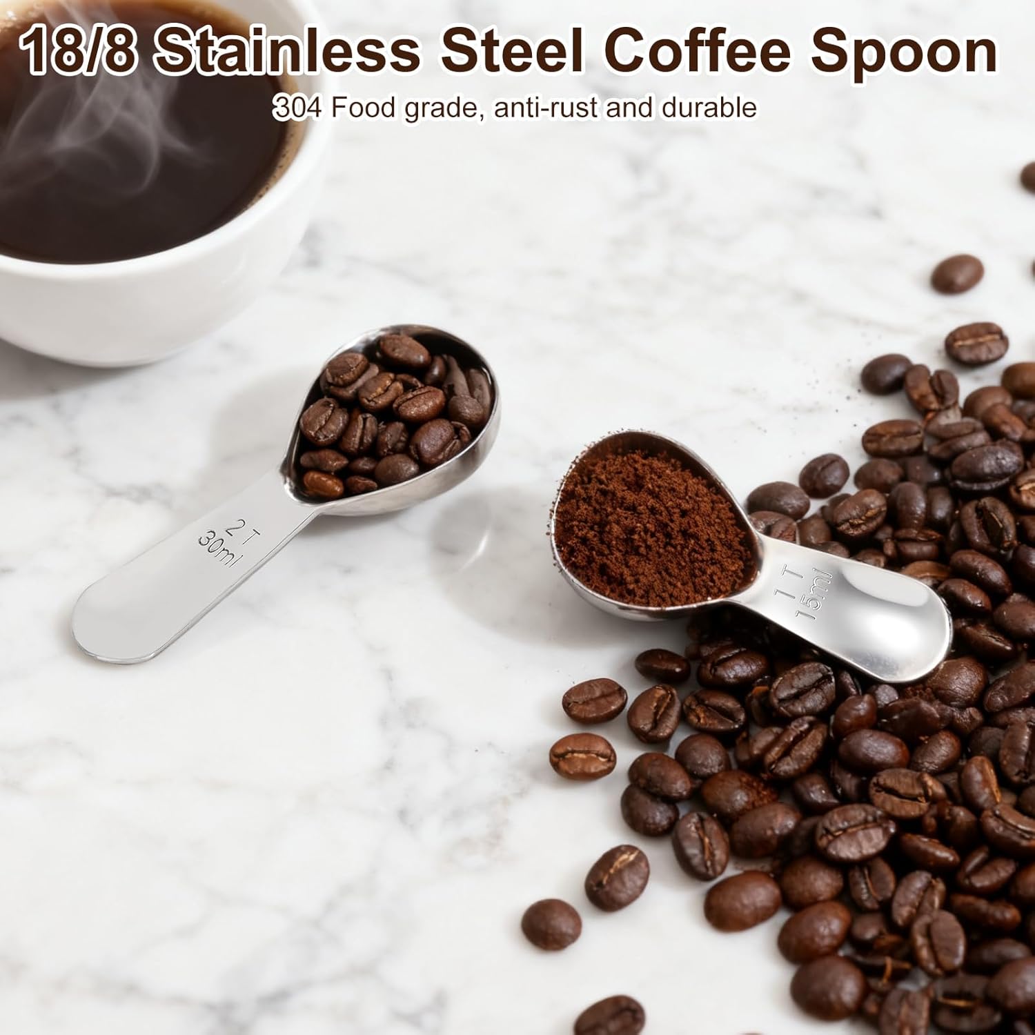 2Pcs Coffee Scoops, Premium 18/8 Stainless Steel Coffee Spoons, Set of 2 Short Handled (1 Tablespoon & 2 Tablespoon) Coffee Measuring Spoon for Ground Coffee, Tea and Powder by - Image 3