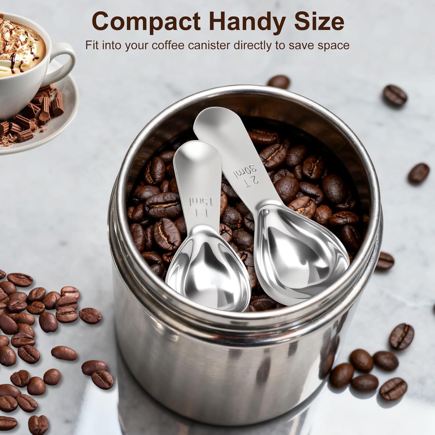 2Pcs Coffee Scoops, Premium 18/8 Stainless Steel Coffee Spoons, Set of 2 Short Handled (1 Tablespoon & 2 Tablespoon) Coffee Measuring Spoon for Ground Coffee, Tea and Powder by - Image 5
