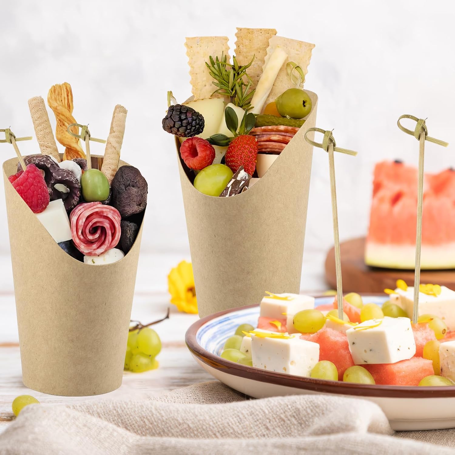 50 Pcs Charcuterie Cups with 100 Cocktail Picks, Disposable 12oz Kraft Paper Snack Cup, Appetizer Cups for Parties - Image 6