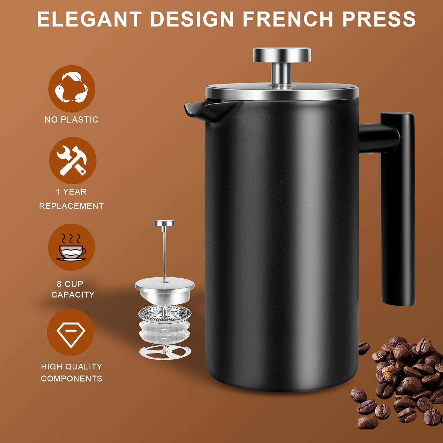 34 OZ Large French Press, Premium Stainless Steel Sturdy Insulated French Press Coffee Maker, 4-8 Cups French Coffee Press, Tea Presses for Home Kitchen Caming Loose Tea, Elegant Black - Image 2
