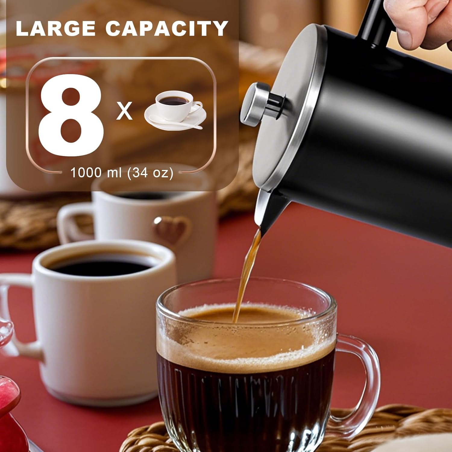34 OZ Large French Press, Premium Stainless Steel Sturdy Insulated French Press Coffee Maker, 4-8 Cups French Coffee Press, Tea Presses for Home Kitchen Caming Loose Tea, Elegant Black - Image 4