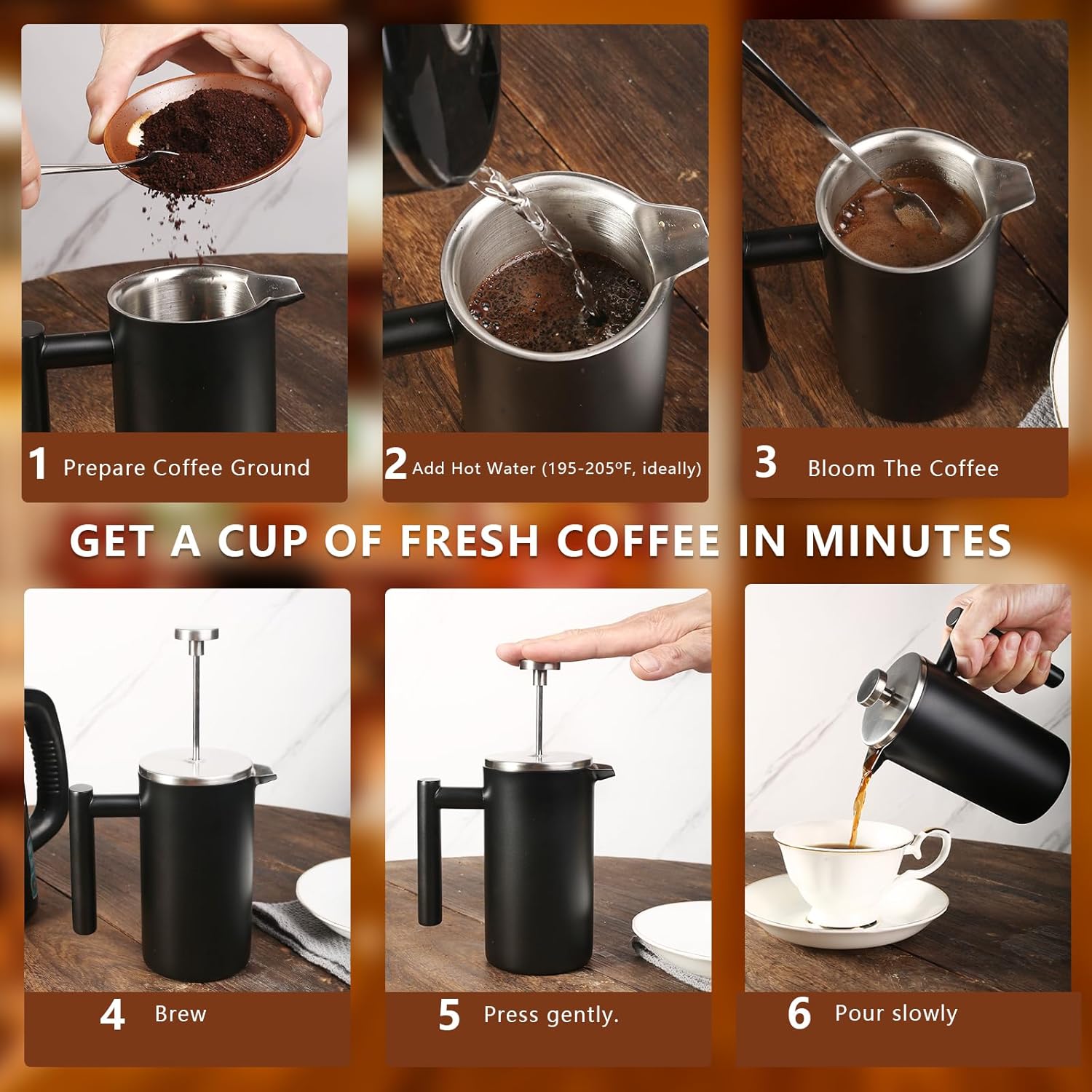 34 OZ Large French Press, Premium Stainless Steel Sturdy Insulated French Press Coffee Maker, 4-8 Cups French Coffee Press, Tea Presses for Home Kitchen Caming Loose Tea, Elegant Black - Image 6