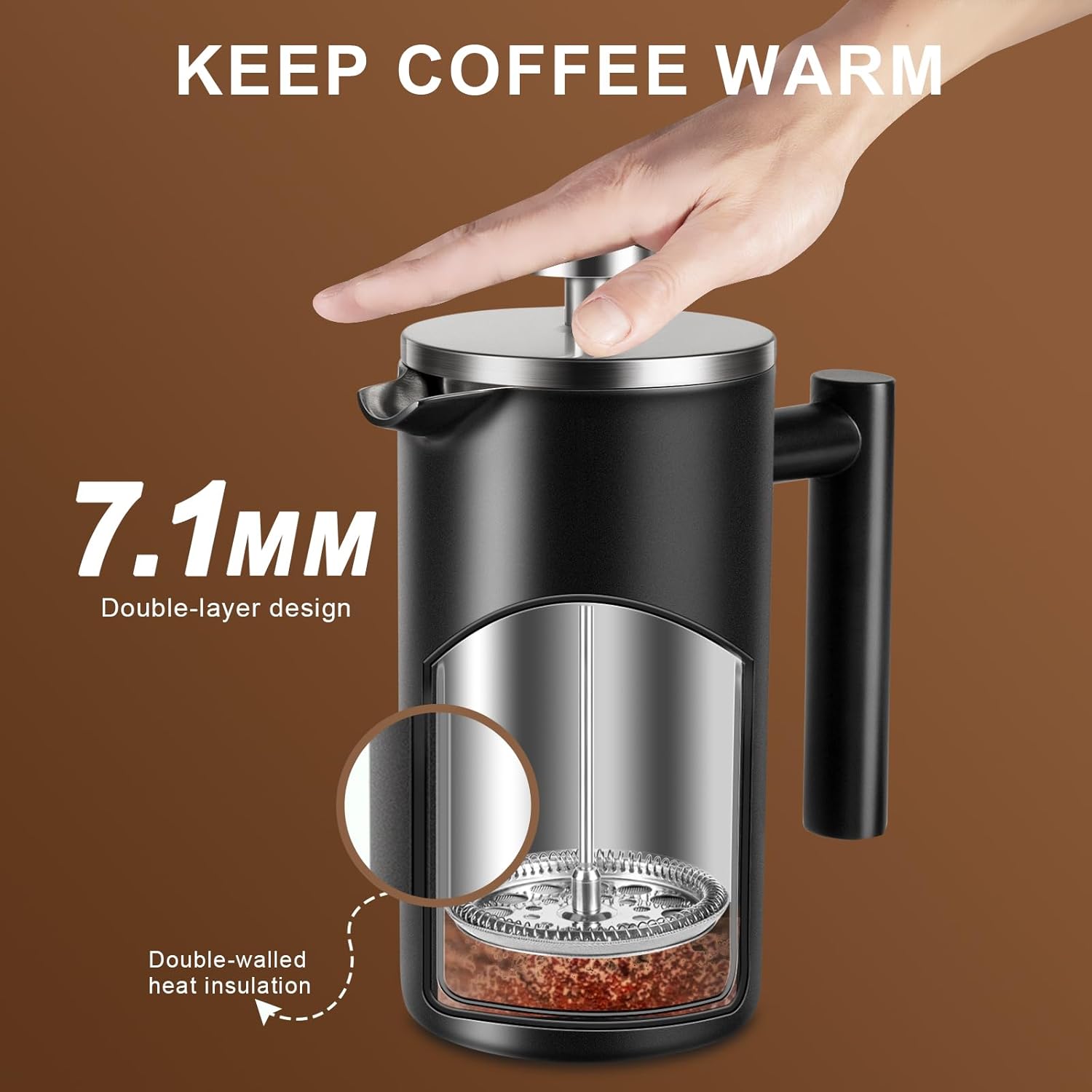 34 OZ Large French Press, Premium Stainless Steel Sturdy Insulated French Press Coffee Maker, 4-8 Cups French Coffee Press, Tea Presses for Home Kitchen Caming Loose Tea, Elegant Black - Image 7