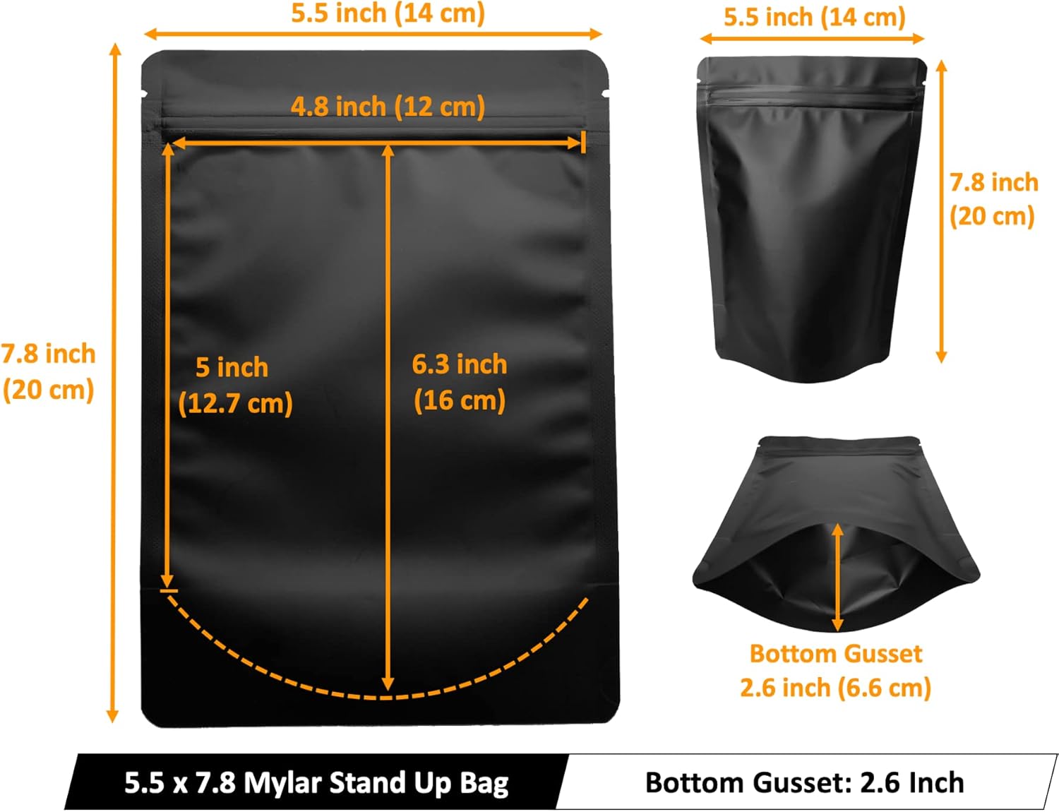 100 Pack Matte Black Mylar Stand Up Bags - 5.5x7.8 Inches Smell Proof Resealable Pouch Bag, Sealable Foil Packaging Zipper Pouches for Food Storage - Image 3