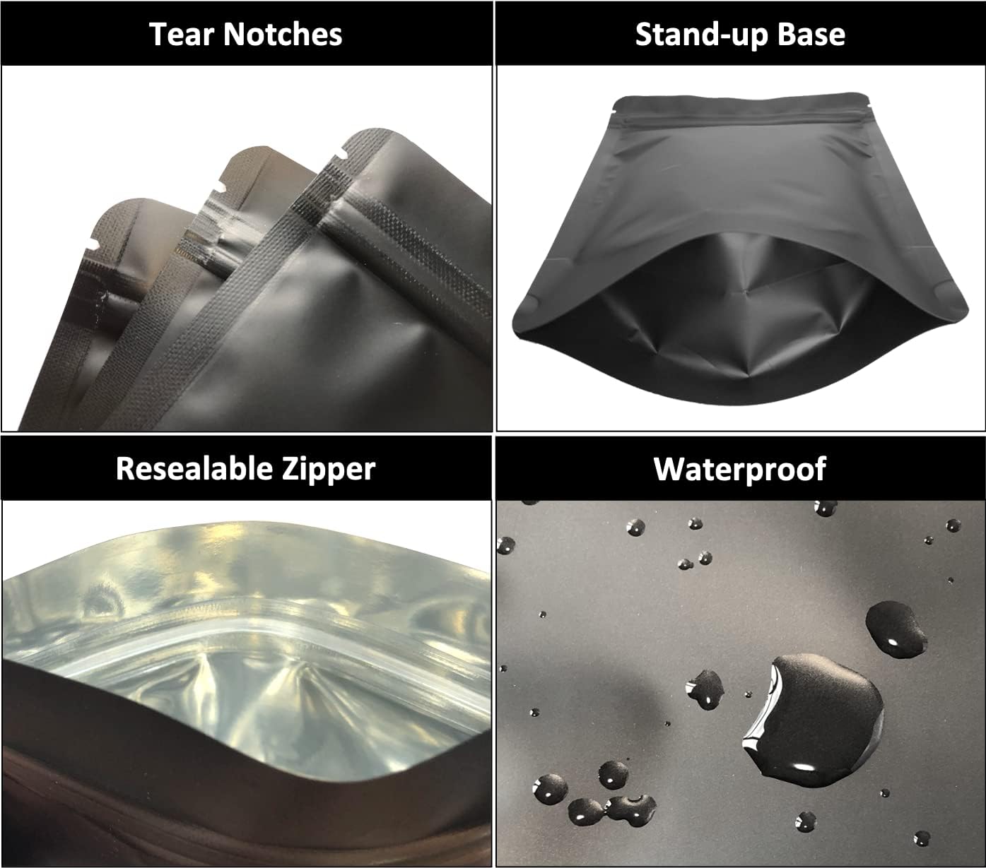 100 Pack Matte Black Mylar Stand Up Bags - 5.5x7.8 Inches Smell Proof Resealable Pouch Bag, Sealable Foil Packaging Zipper Pouches for Food Storage - Image 4