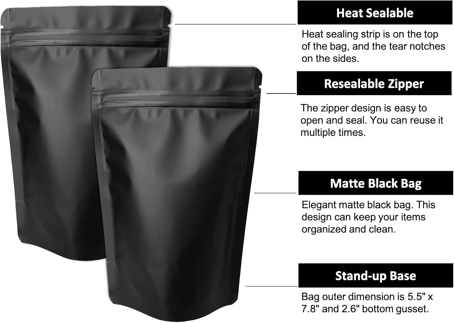 100 Pack Matte Black Mylar Stand Up Bags - 5.5x7.8 Inches Smell Proof Resealable Pouch Bag, Sealable Foil Packaging Zipper Pouches for Food Storage - Image 5
