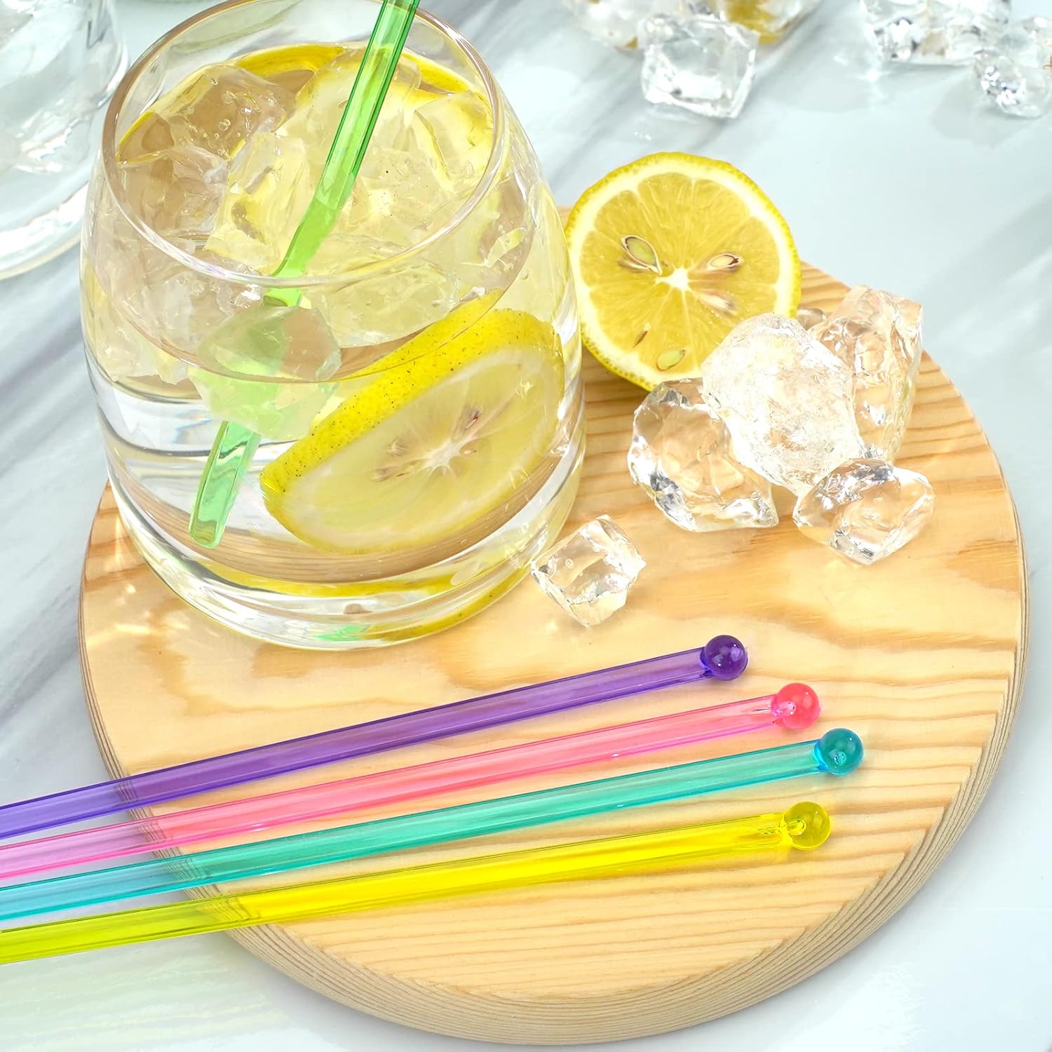100-PCS 5 Colol Plastic Swizzle Sticks, Crystal Cake Pops, Cocktail Coffee Drink Stirrers, Stir Sticks, 7.24 Inch (Pink, Yellow, Blue, Purple, Green) - Image 2