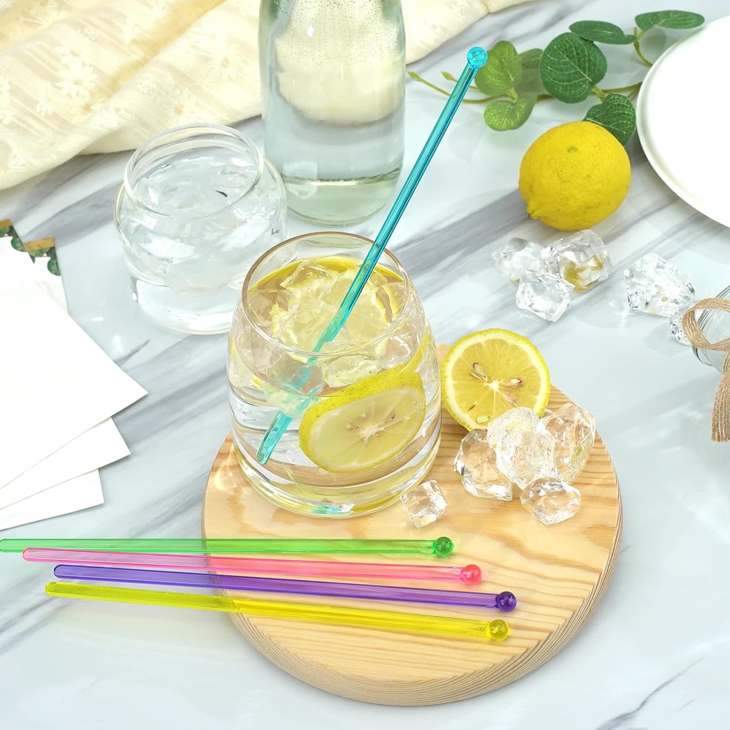 100-PCS 5 Colol Plastic Swizzle Sticks, Crystal Cake Pops, Cocktail Coffee Drink Stirrers, Stir Sticks, 7.24 Inch (Pink, Yellow, Blue, Purple, Green) - Image 3
