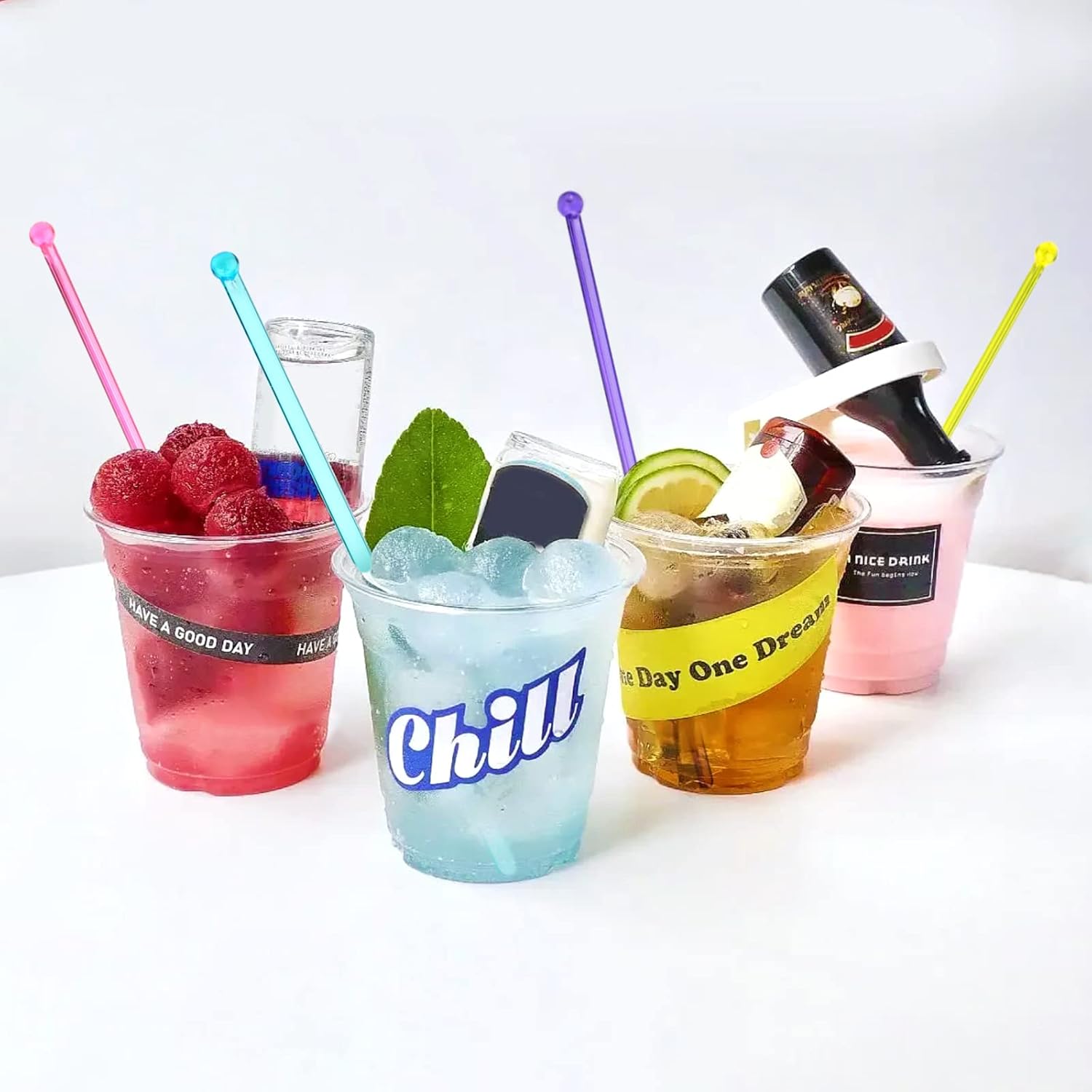 100-PCS 5 Colol Plastic Swizzle Sticks, Crystal Cake Pops, Cocktail Coffee Drink Stirrers, Stir Sticks, 7.24 Inch (Pink, Yellow, Blue, Purple, Green) - Image 4