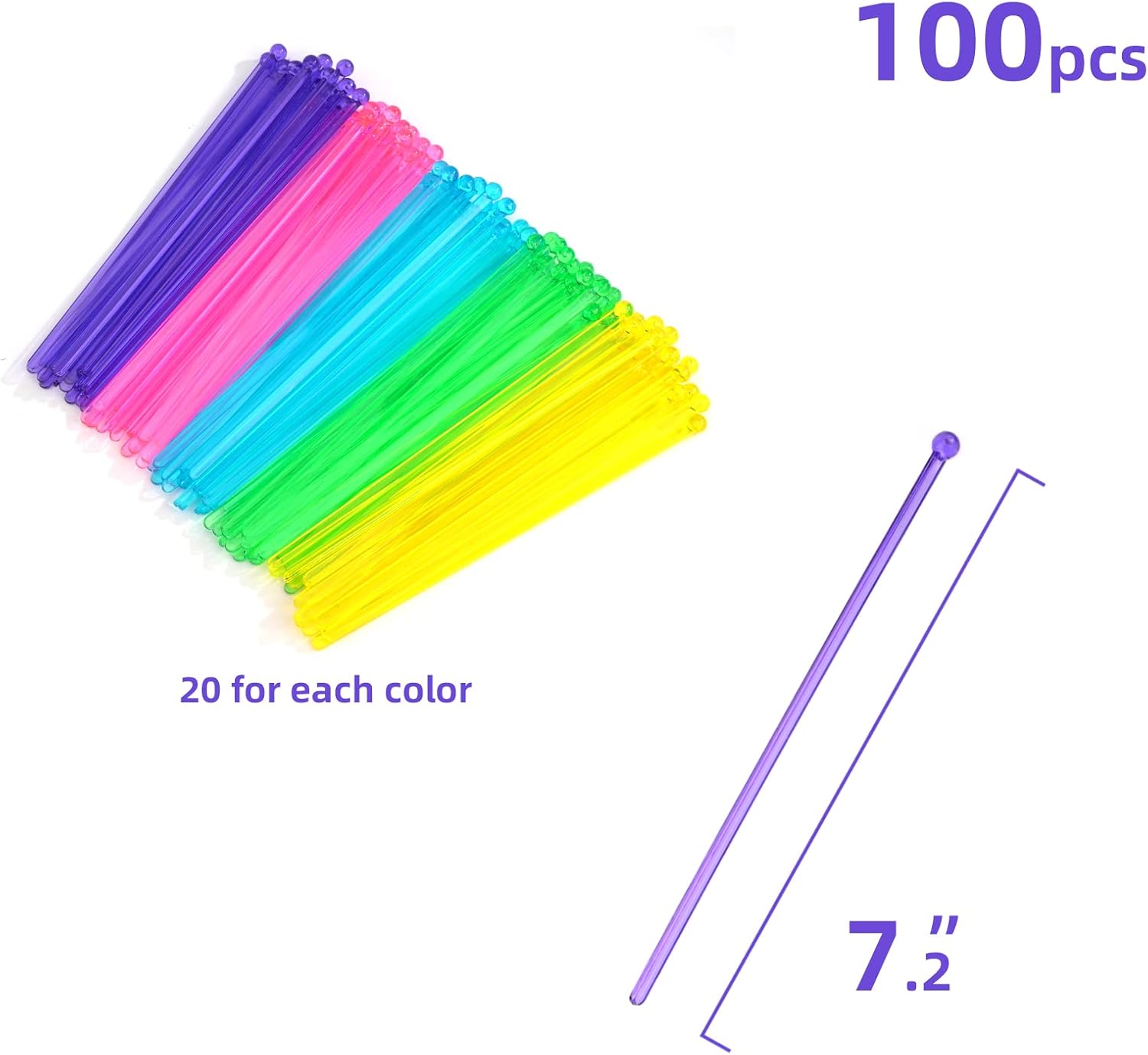 100-PCS 5 Colol Plastic Swizzle Sticks, Crystal Cake Pops, Cocktail Coffee Drink Stirrers, Stir Sticks, 7.24 Inch (Pink, Yellow, Blue, Purple, Green) - Image 6