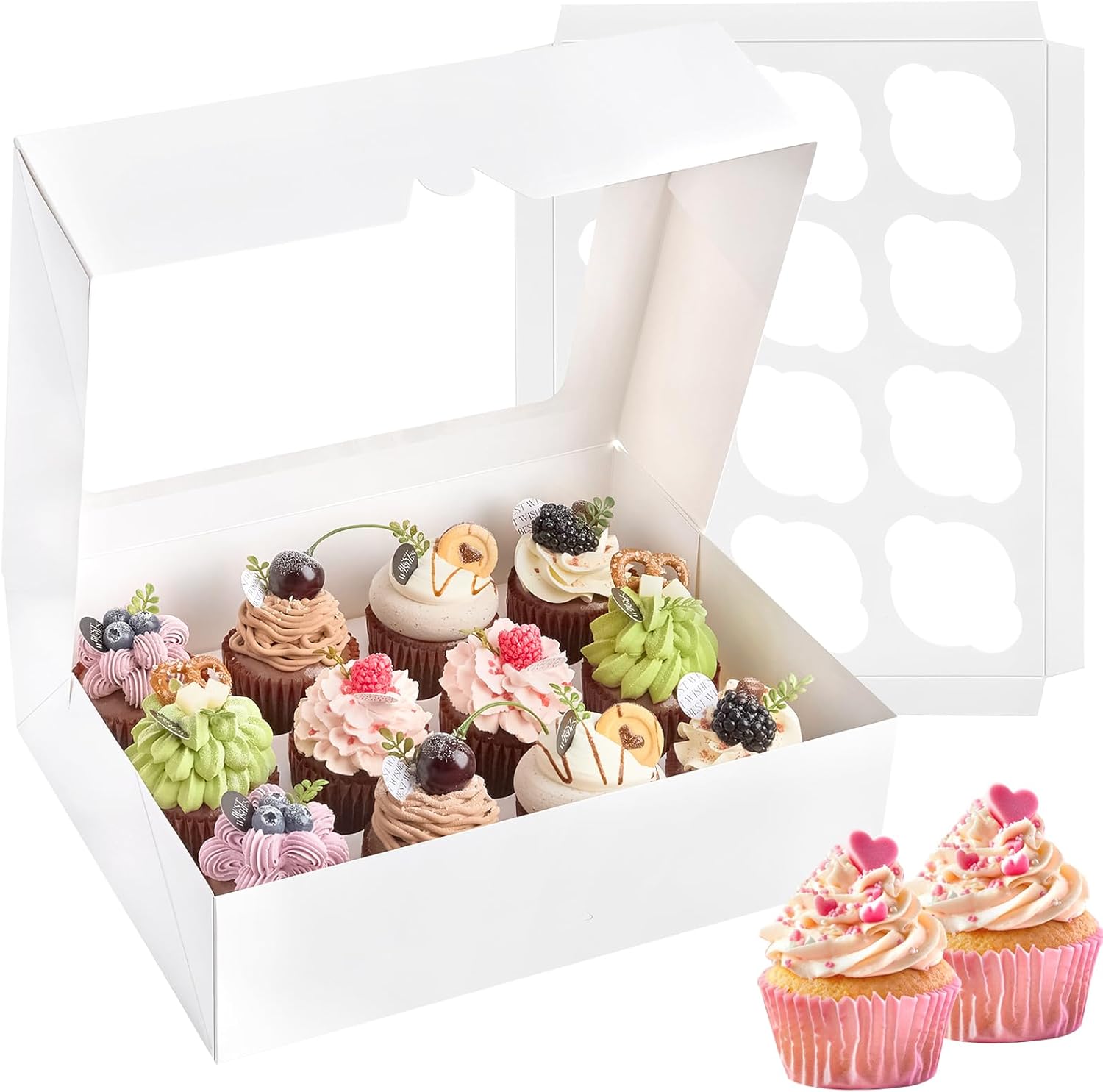12 Count Cupcake Boxes, 12 Pack White Cupcake Containers with Windows and Inserts, Disposable Cupcake Carriers for Muffins, Treats, Pastries, 13 x 10 x 4 Inches - Image 1