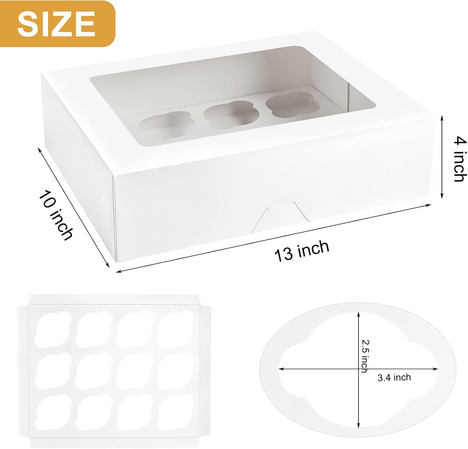 12 Count Cupcake Boxes, 12 Pack White Cupcake Containers with Windows and Inserts, Disposable Cupcake Carriers for Muffins, Treats, Pastries, 13 x 10 x 4 Inches - Image 2