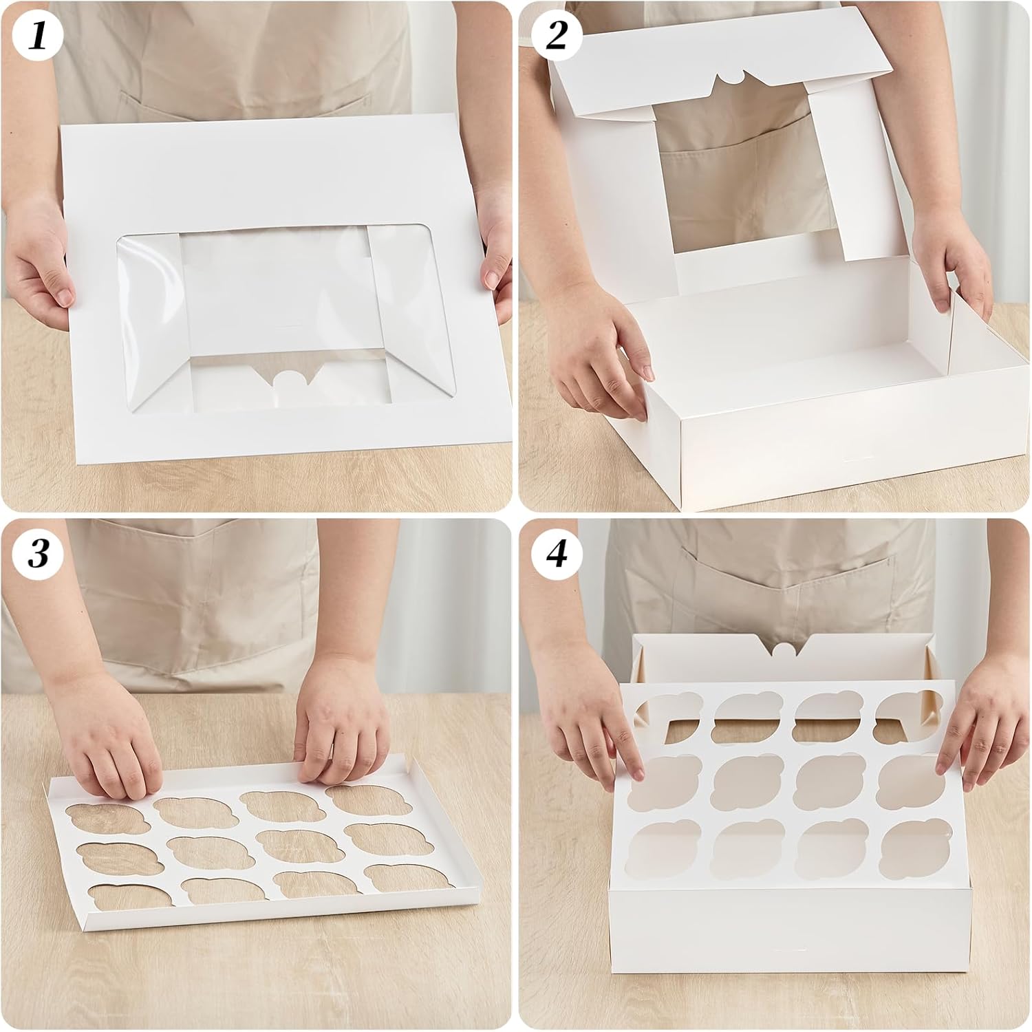 12 Count Cupcake Boxes, 12 Pack White Cupcake Containers with Windows and Inserts, Disposable Cupcake Carriers for Muffins, Treats, Pastries, 13 x 10 x 4 Inches - Image 3