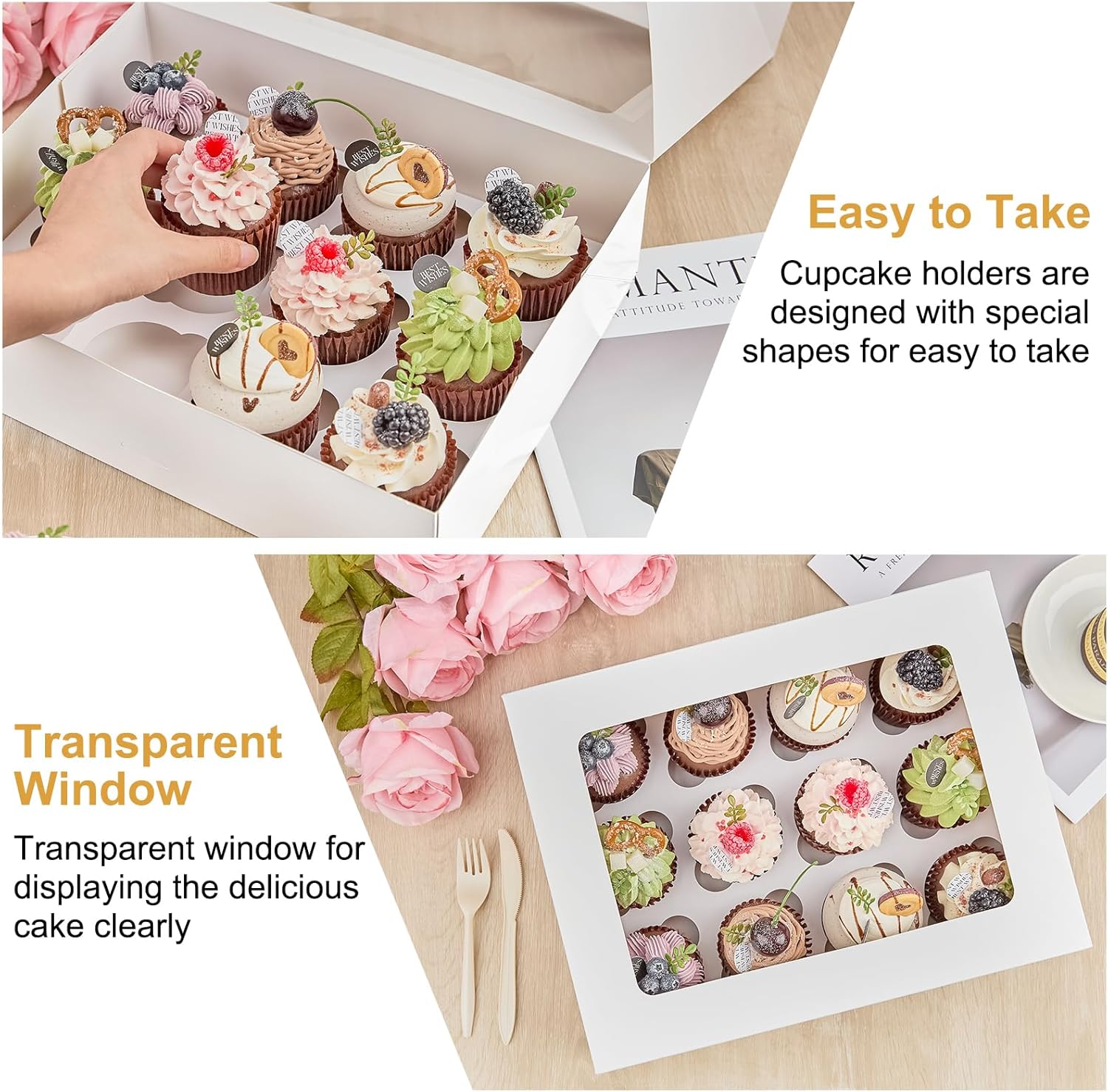 12 Count Cupcake Boxes, 12 Pack White Cupcake Containers with Windows and Inserts, Disposable Cupcake Carriers for Muffins, Treats, Pastries, 13 x 10 x 4 Inches - Image 5