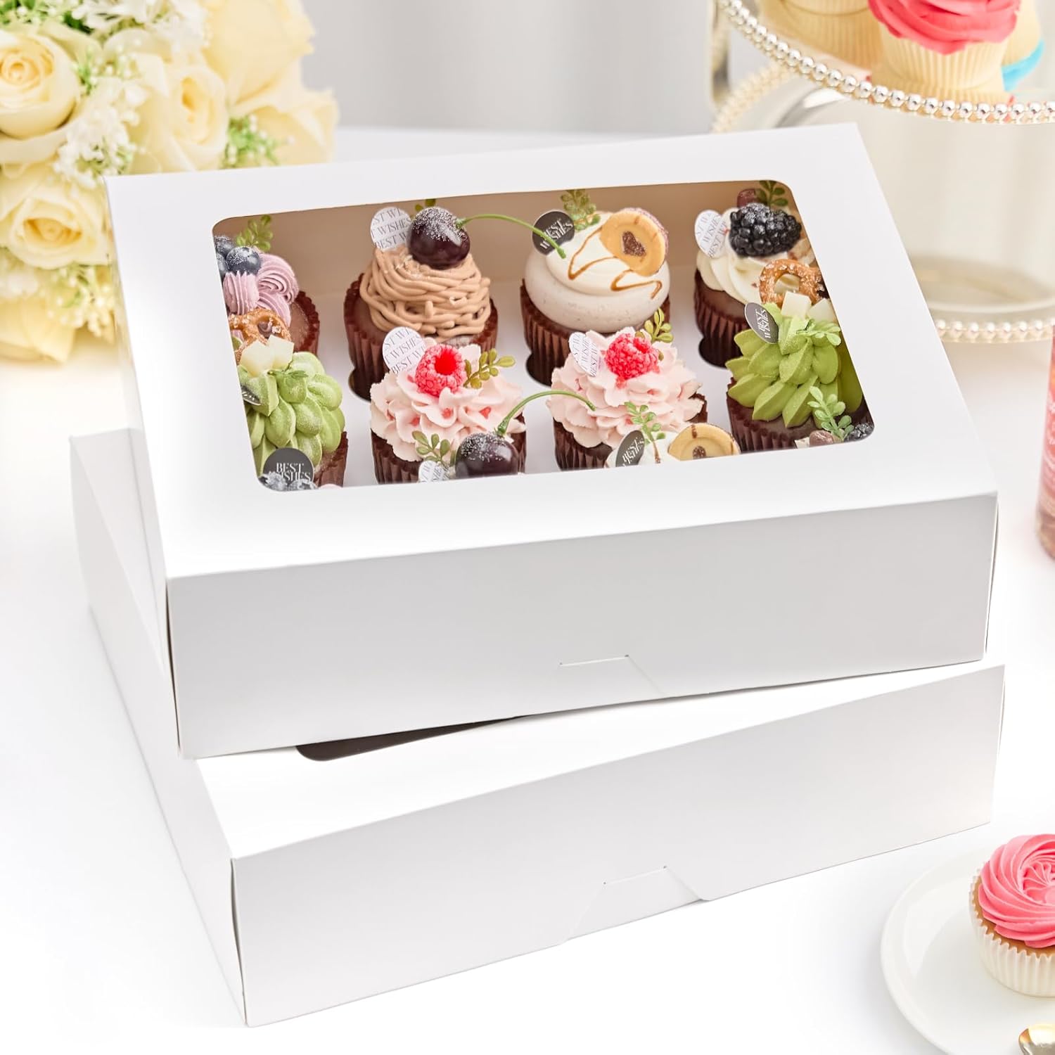 12 Count Cupcake Boxes, 12 Pack White Cupcake Containers with Windows and Inserts, Disposable Cupcake Carriers for Muffins, Treats, Pastries, 13 x 10 x 4 Inches - Image 6