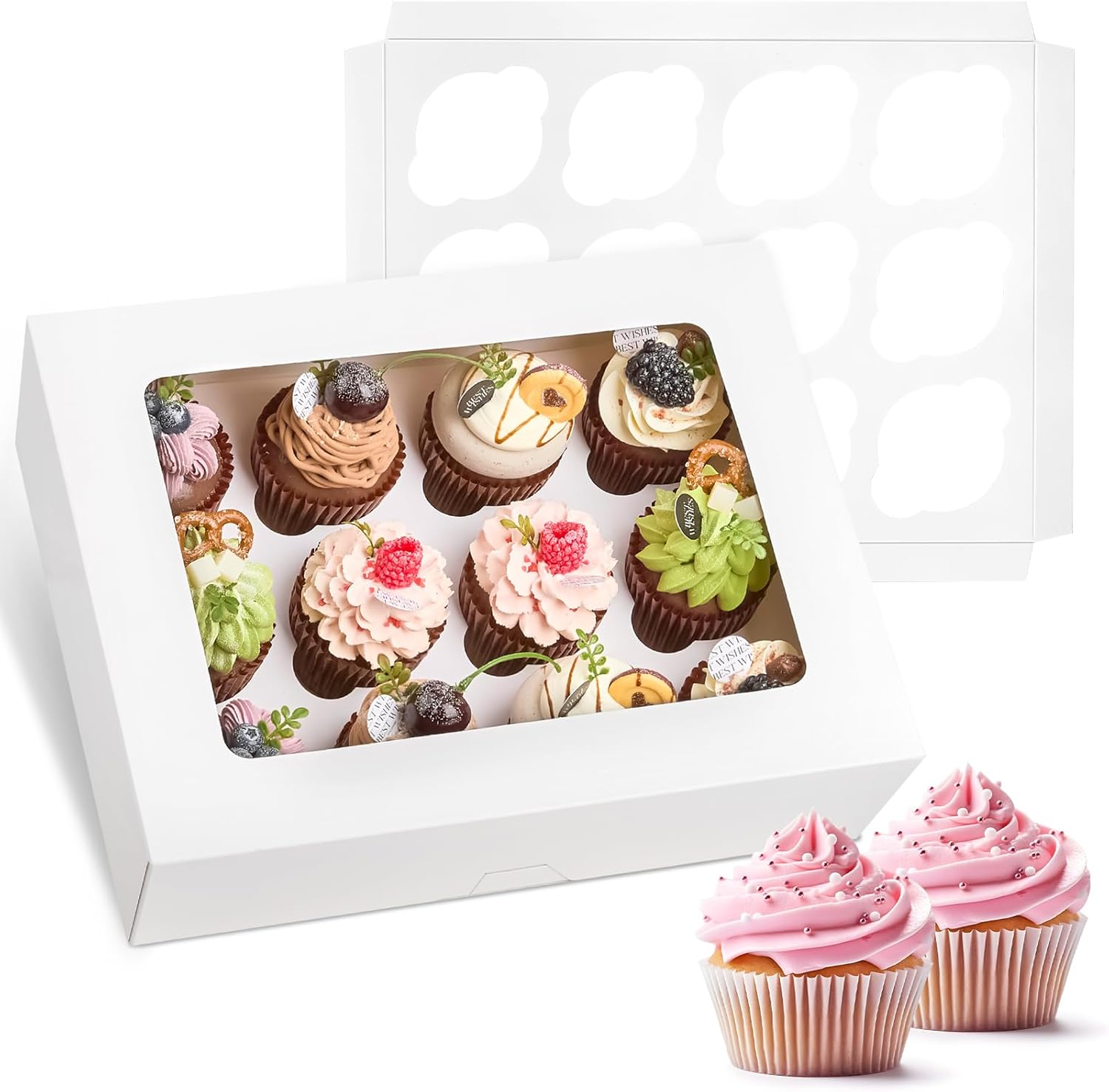 12 Count Cupcake Boxes, 12 Pack White Cupcake Containers with Windows and Inserts, Disposable Cupcake Carriers for Muffins, Treats, Pastries, 13 x 10 x 4 Inches - Image 7