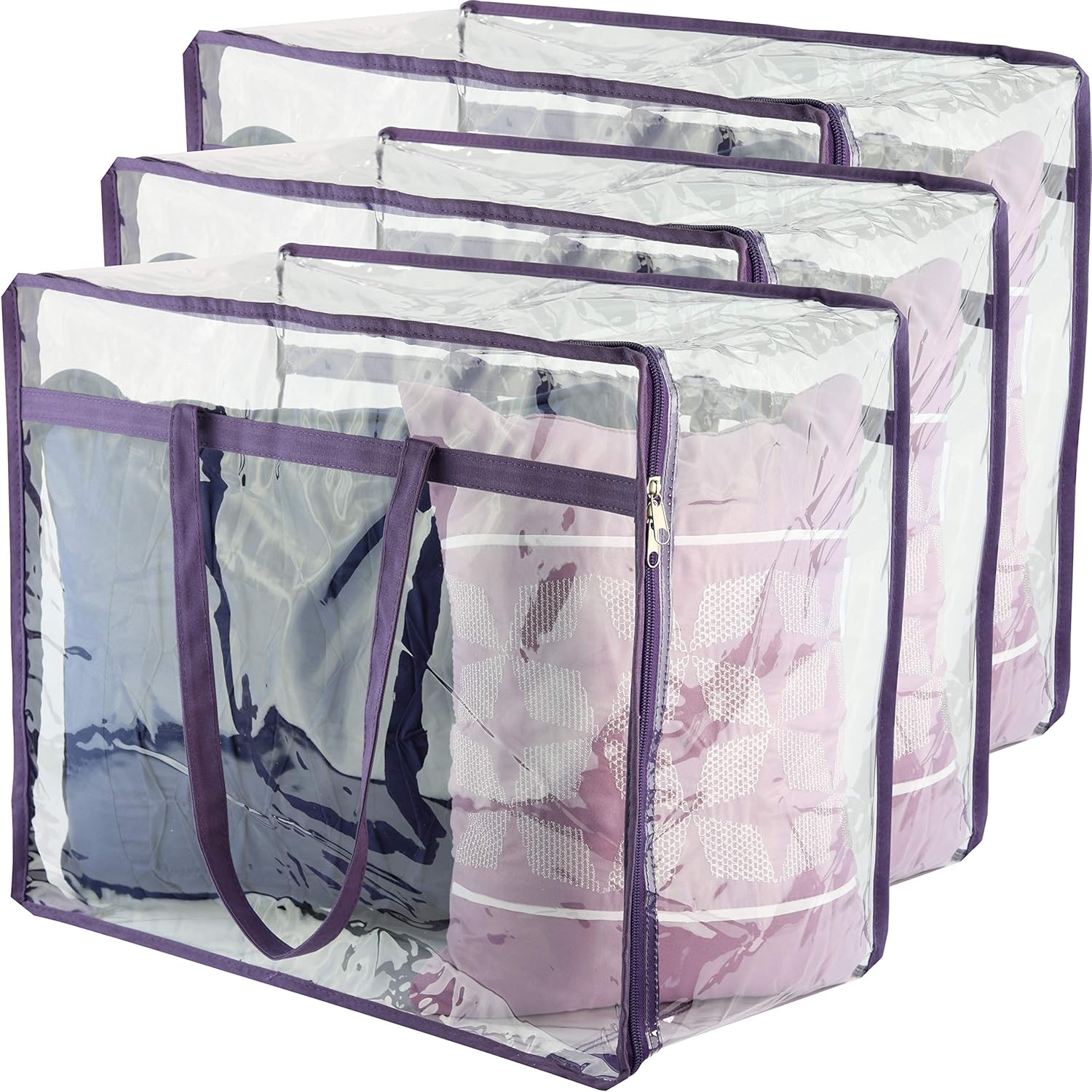 Clear Vinyl Zippered Storage Bags (3-Pack) 40L Sturdy Storage Bags for Sweaters, Blankets, Comforters, Bedding Sets and Much More! (Purple, 18x15x9) - Image 1