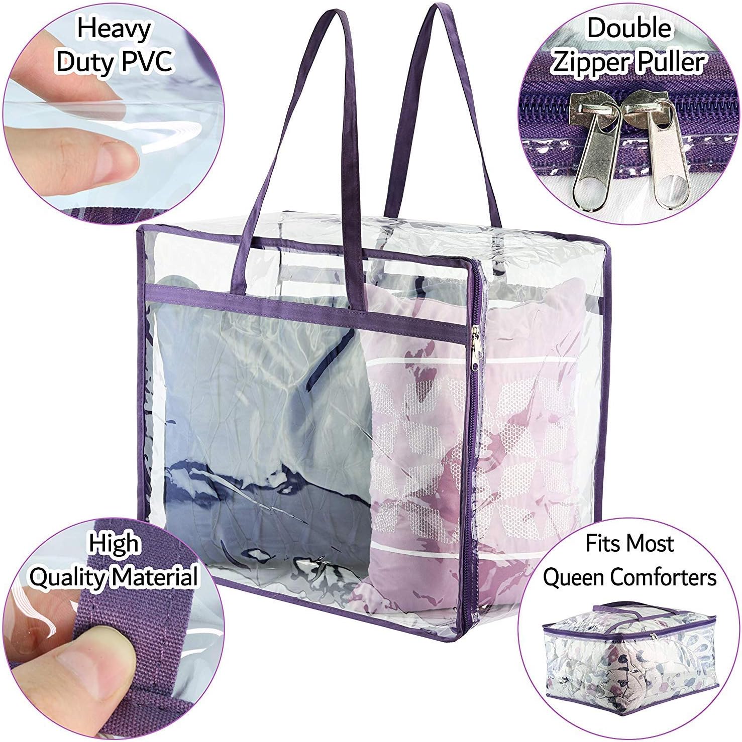 Clear Vinyl Zippered Storage Bags (3-Pack) 40L Sturdy Storage Bags for Sweaters, Blankets, Comforters, Bedding Sets and Much More! (Purple, 18x15x9) - Image 2