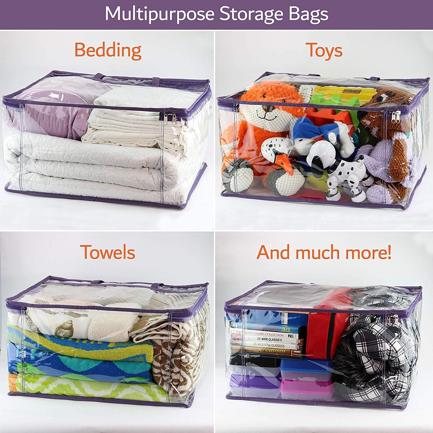 Clear Vinyl Zippered Storage Bags (3-Pack) 40L Sturdy Storage Bags for Sweaters, Blankets, Comforters, Bedding Sets and Much More! (Purple, 18x15x9) - Image 4