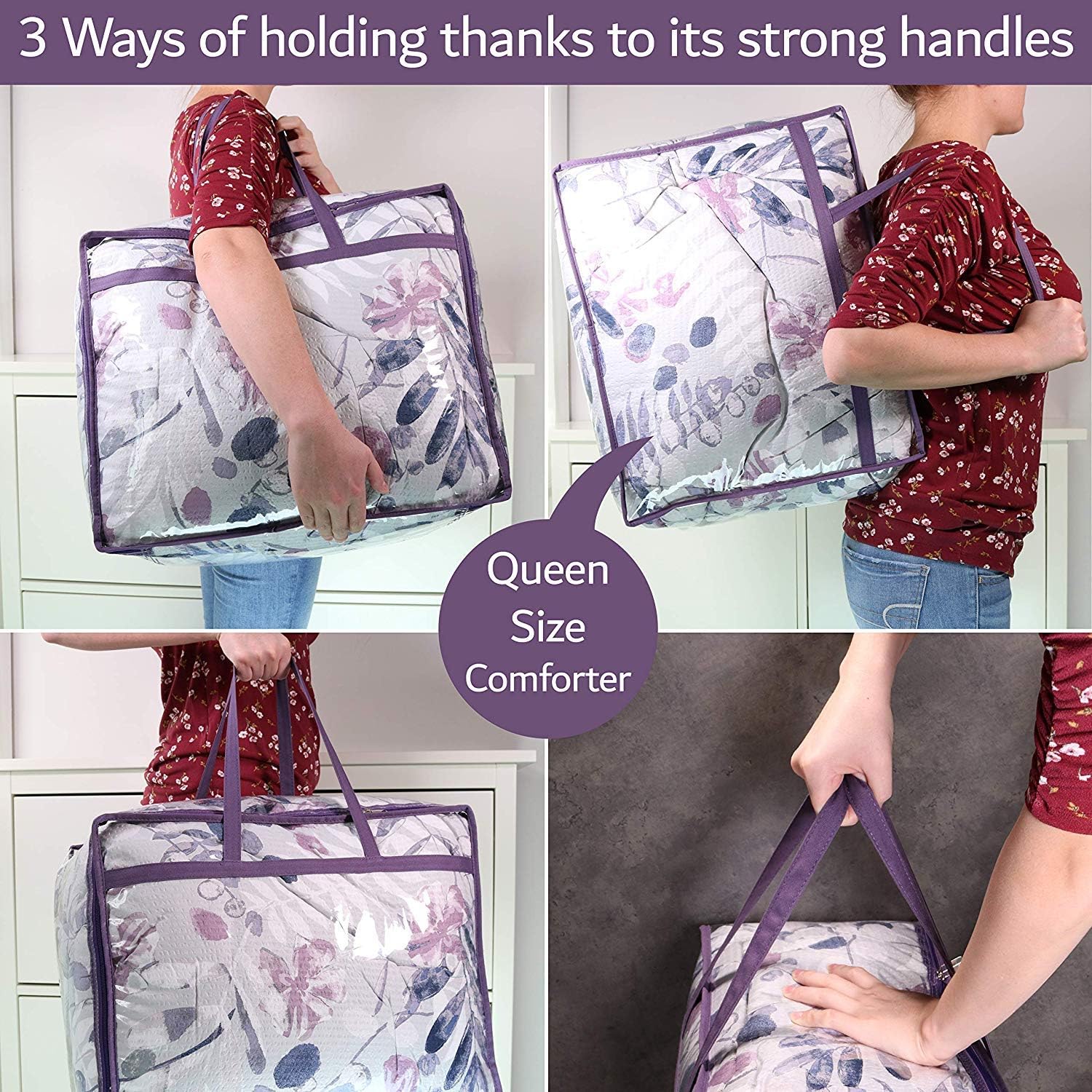 Clear Vinyl Zippered Storage Bags (3-Pack) 40L Sturdy Storage Bags for Sweaters, Blankets, Comforters, Bedding Sets and Much More! (Purple, 18x15x9) - Image 6