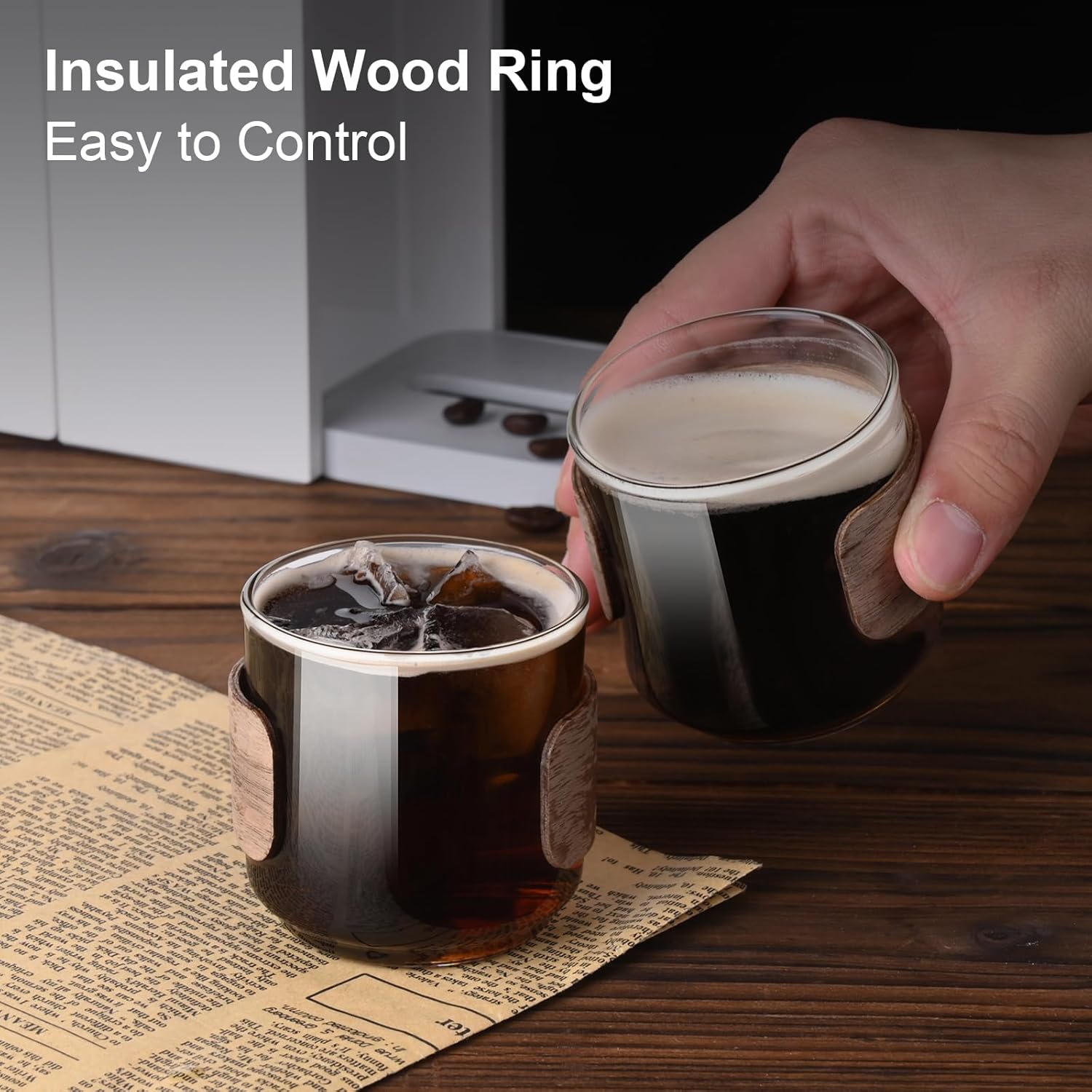 Espresso Cups Set of 2 with Wooden Ring, 5 OZ High Borosilicate Espresso Shot Glass, Clear Small Expresso Shots Cup, Espresso Accessories - Image 2