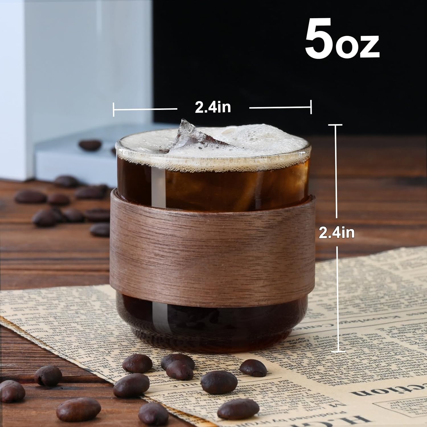 Espresso Cups Set of 2 with Wooden Ring, 5 OZ High Borosilicate Espresso Shot Glass, Clear Small Expresso Shots Cup, Espresso Accessories - Image 3