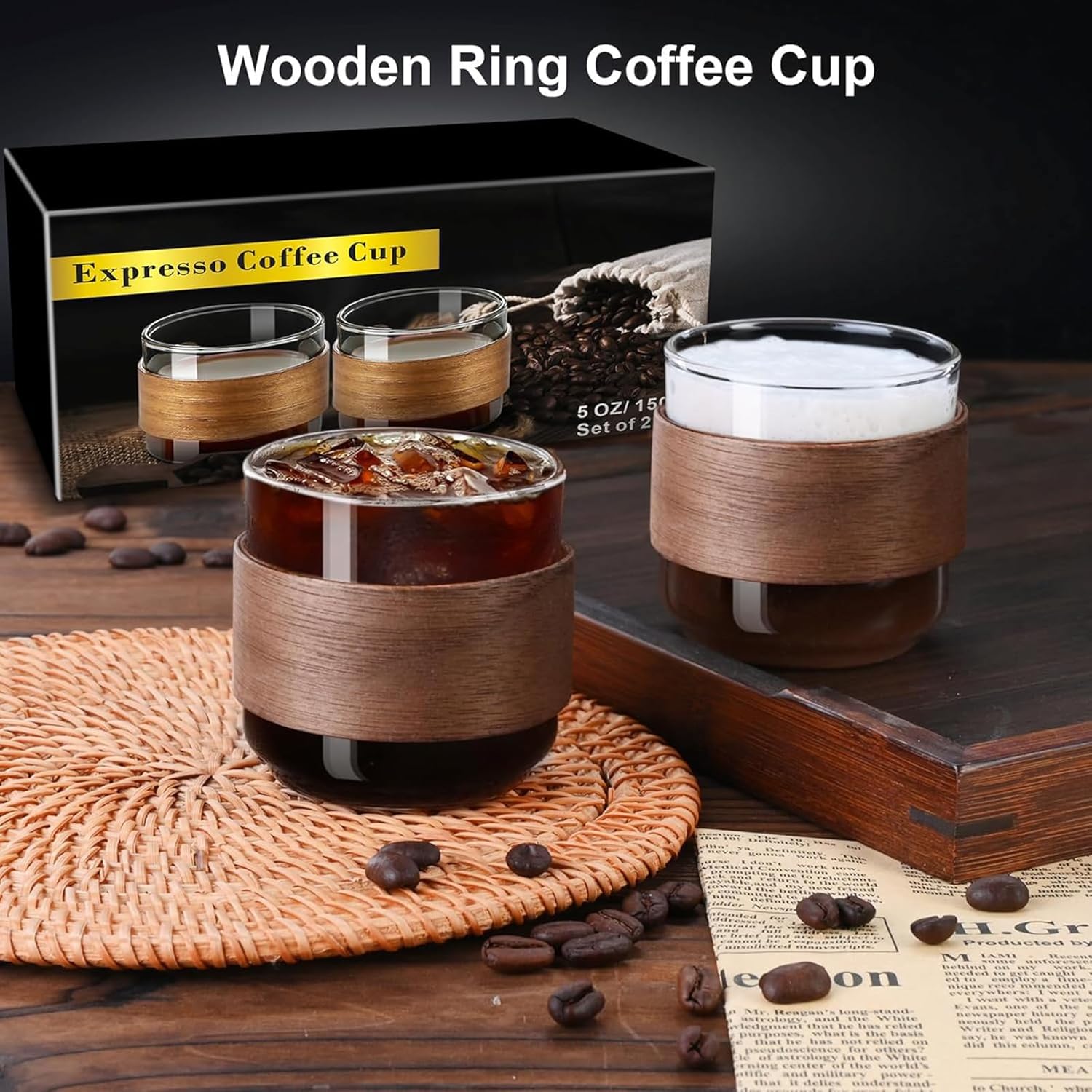 Espresso Cups Set of 2 with Wooden Ring, 5 OZ High Borosilicate Espresso Shot Glass, Clear Small Expresso Shots Cup, Espresso Accessories - Image 6