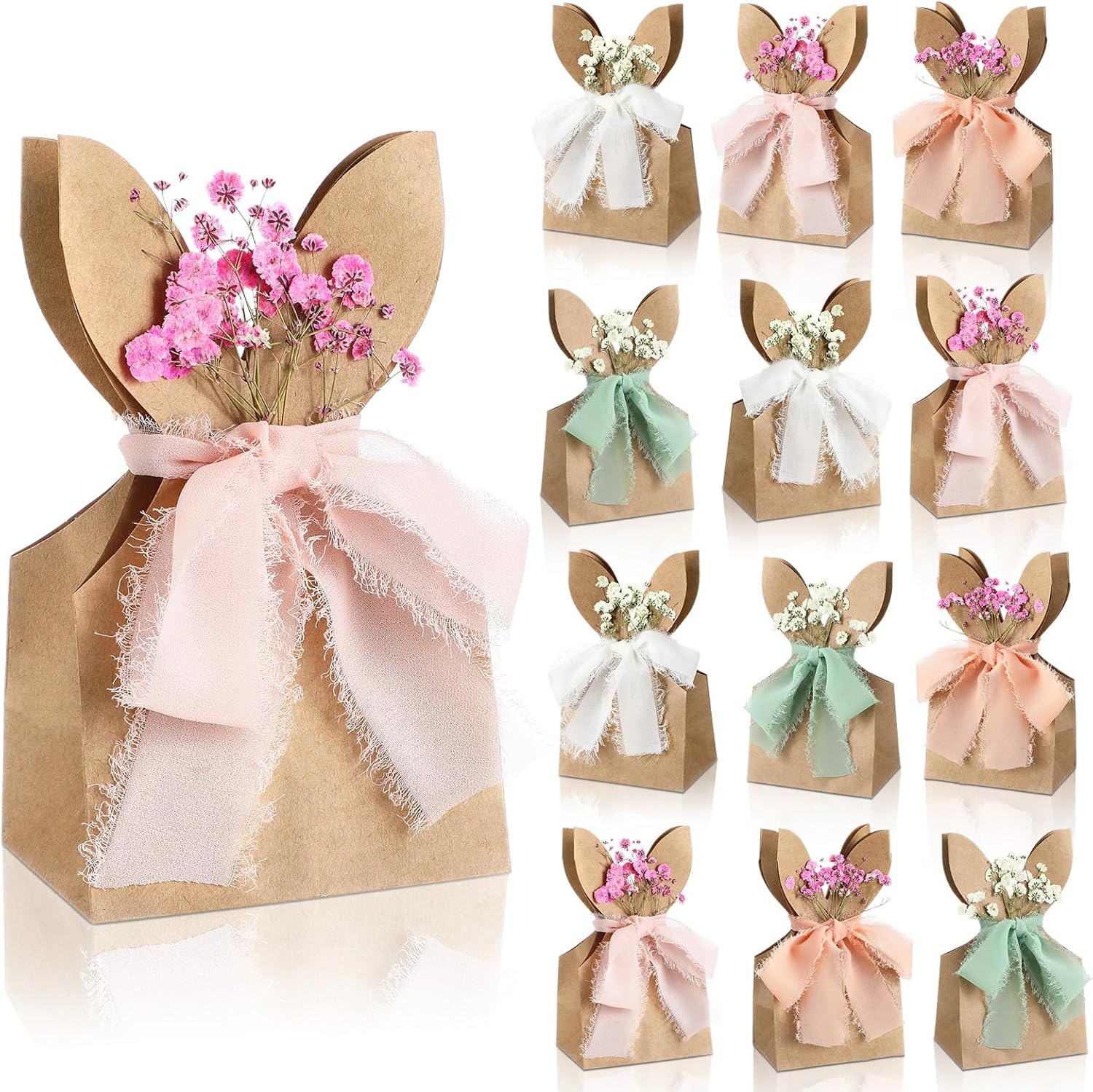 24 Set Boho Bow Easter Bunny Party Favor Bags DIY Bunny Gift Boxes with Neutral Bow Ribbon and Dried Flowers Rustic Paper Rabbit Ears Treat Bags Bulk for Easter Spring (Neutral Pastel) - Image 1