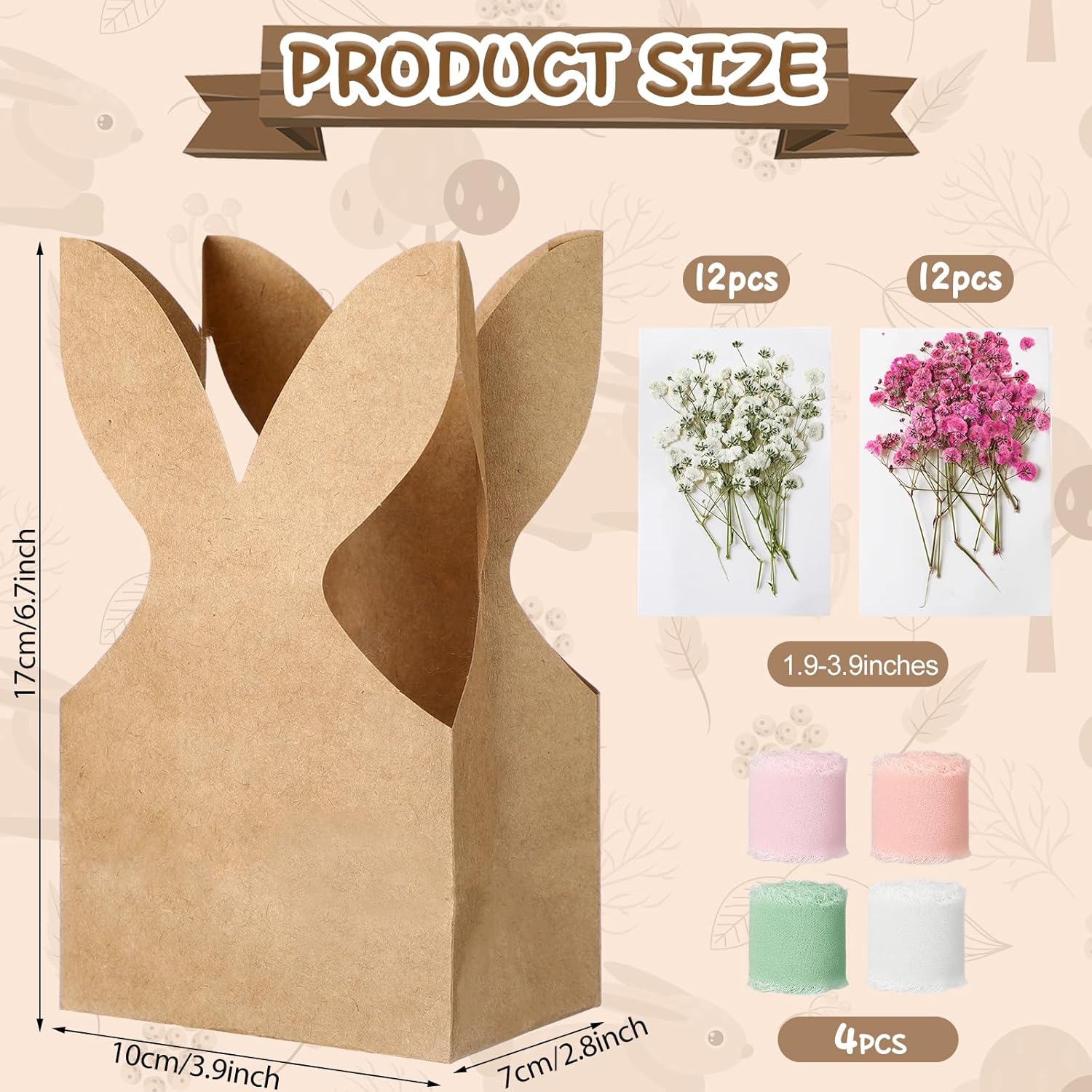 24 Set Boho Bow Easter Bunny Party Favor Bags DIY Bunny Gift Boxes with Neutral Bow Ribbon and Dried Flowers Rustic Paper Rabbit Ears Treat Bags Bulk for Easter Spring (Neutral Pastel) - Image 2