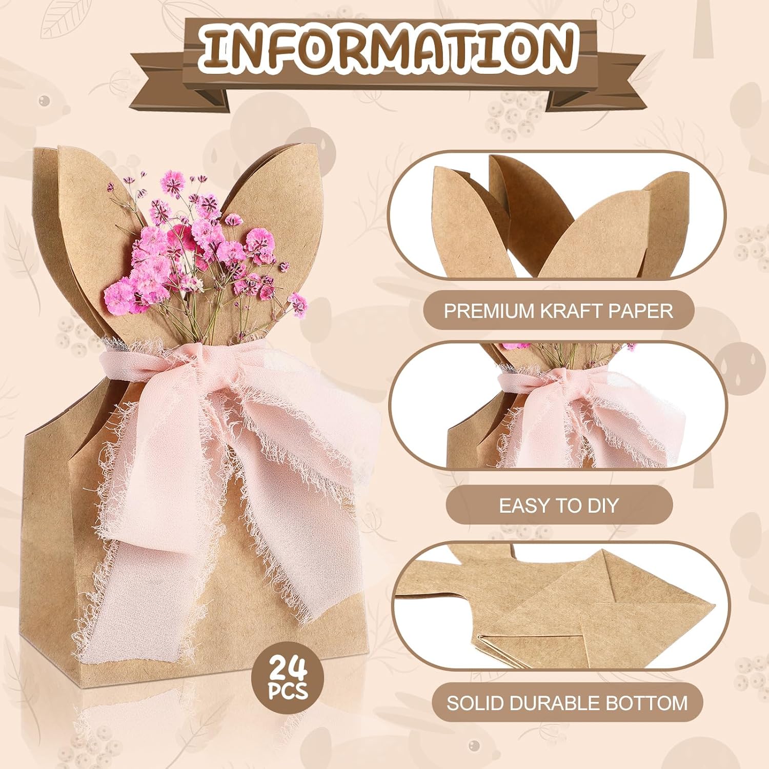 24 Set Boho Bow Easter Bunny Party Favor Bags DIY Bunny Gift Boxes with Neutral Bow Ribbon and Dried Flowers Rustic Paper Rabbit Ears Treat Bags Bulk for Easter Spring (Neutral Pastel) - Image 3