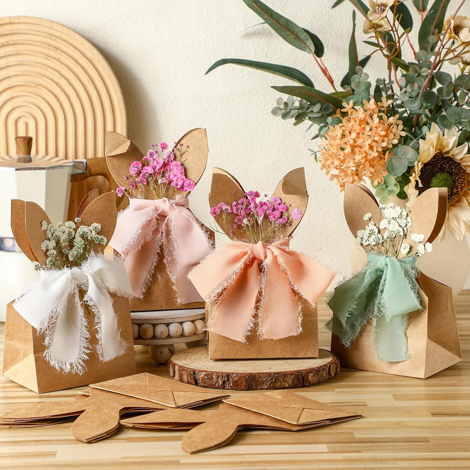 24 Set Boho Bow Easter Bunny Party Favor Bags DIY Bunny Gift Boxes with Neutral Bow Ribbon and Dried Flowers Rustic Paper Rabbit Ears Treat Bags Bulk for Easter Spring (Neutral Pastel) - Image 4