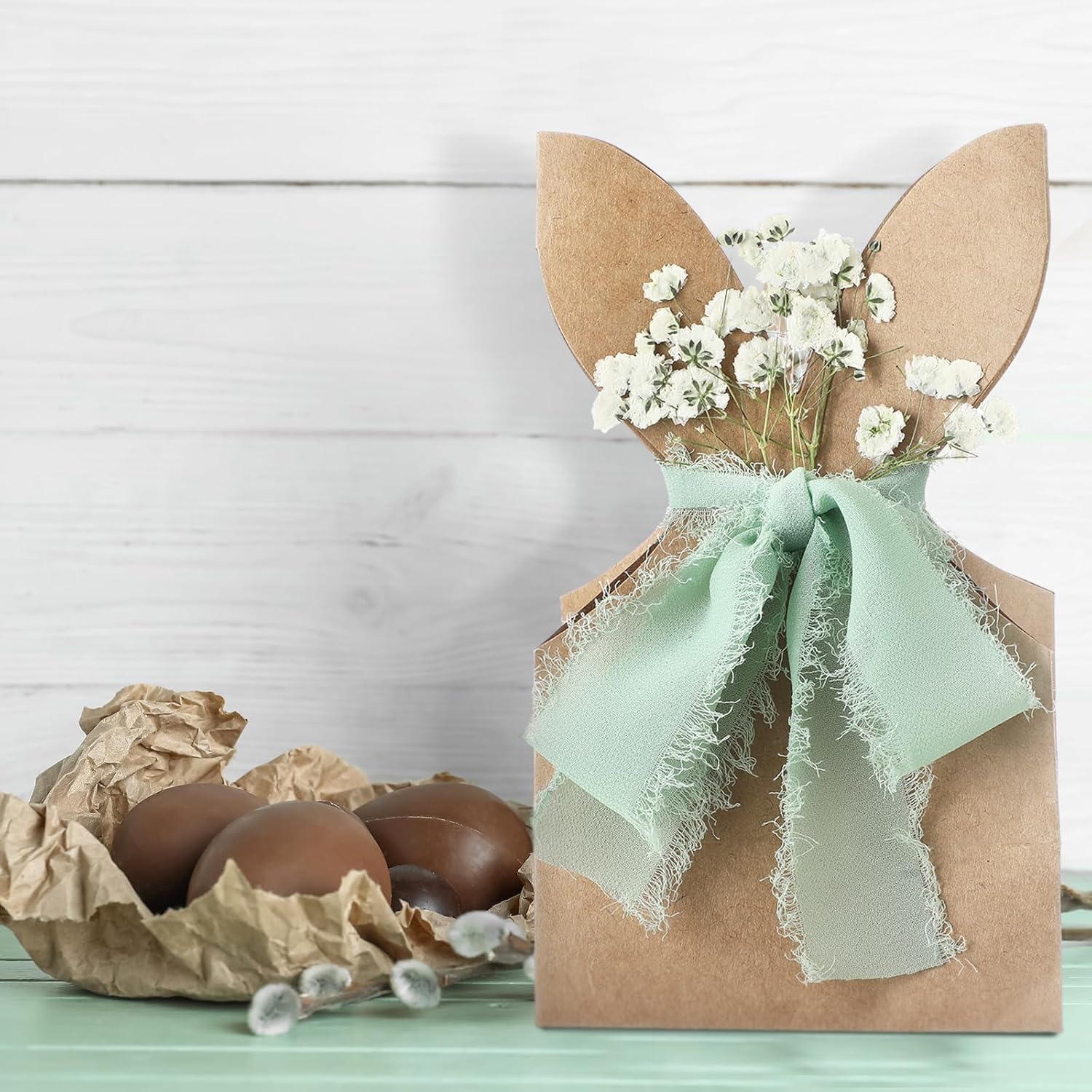 24 Set Boho Bow Easter Bunny Party Favor Bags DIY Bunny Gift Boxes with Neutral Bow Ribbon and Dried Flowers Rustic Paper Rabbit Ears Treat Bags Bulk for Easter Spring (Neutral Pastel) - Image 5