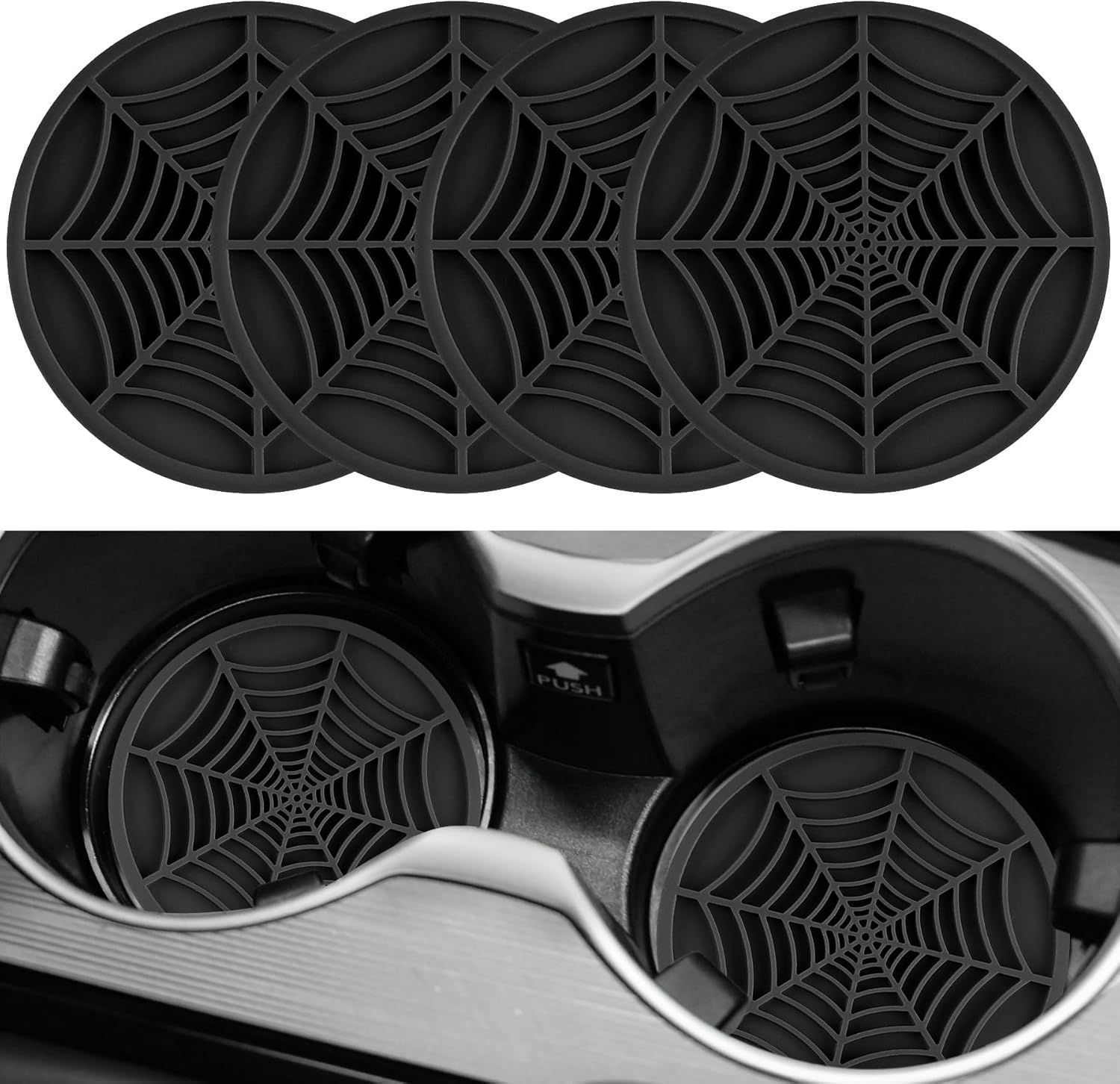 4PCS Spider Web Car Coasters for Cup Holders, Halloween Funny Non-Slip Silicone Insert Ornaments Coasters, Automotive Cupholder Goth Accessories for Men & Women(Black) - Image 1