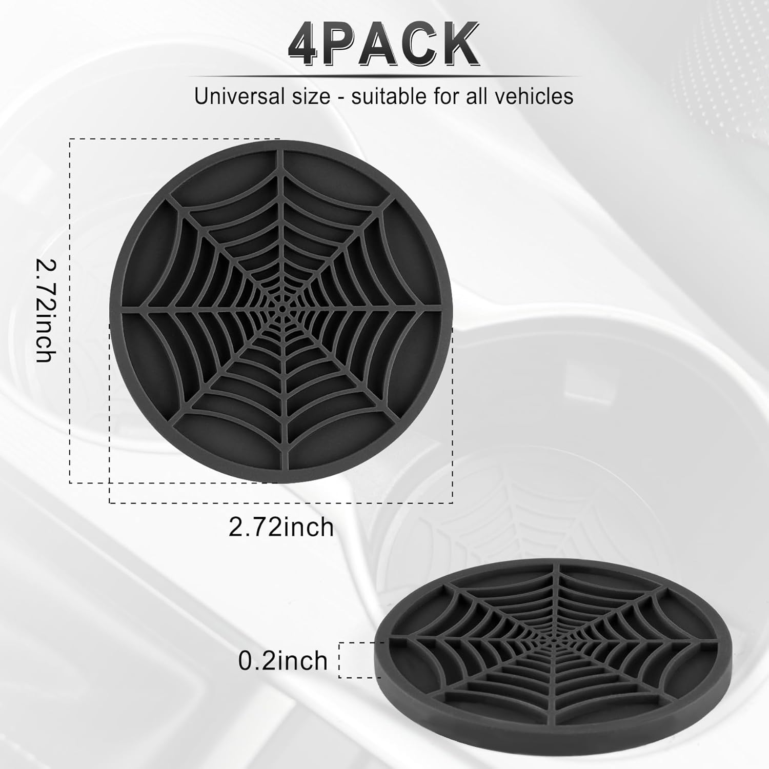 4PCS Spider Web Car Coasters for Cup Holders, Halloween Funny Non-Slip Silicone Insert Ornaments Coasters, Automotive Cupholder Goth Accessories for Men & Women(Black) - Image 2