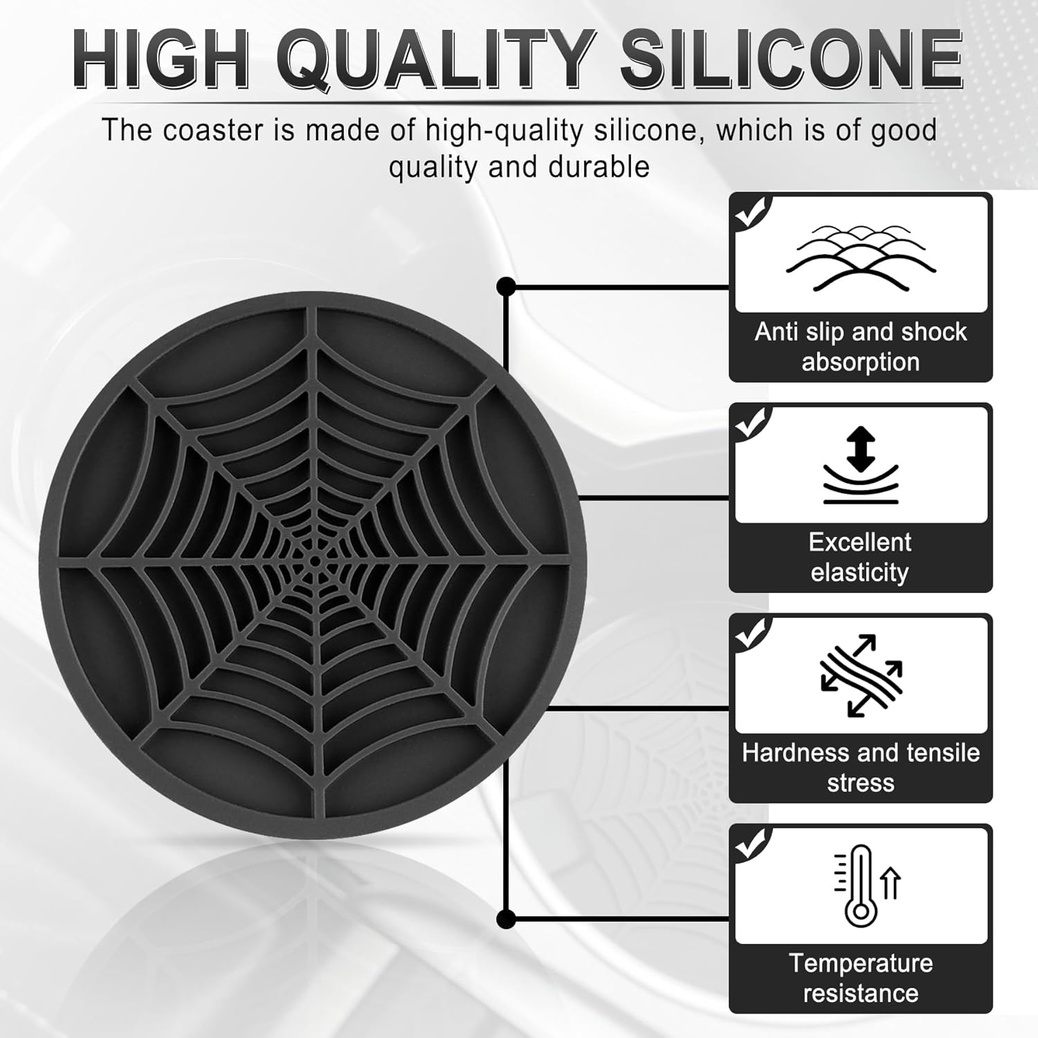 4PCS Spider Web Car Coasters for Cup Holders, Halloween Funny Non-Slip Silicone Insert Ornaments Coasters, Automotive Cupholder Goth Accessories for Men & Women(Black) - Image 3