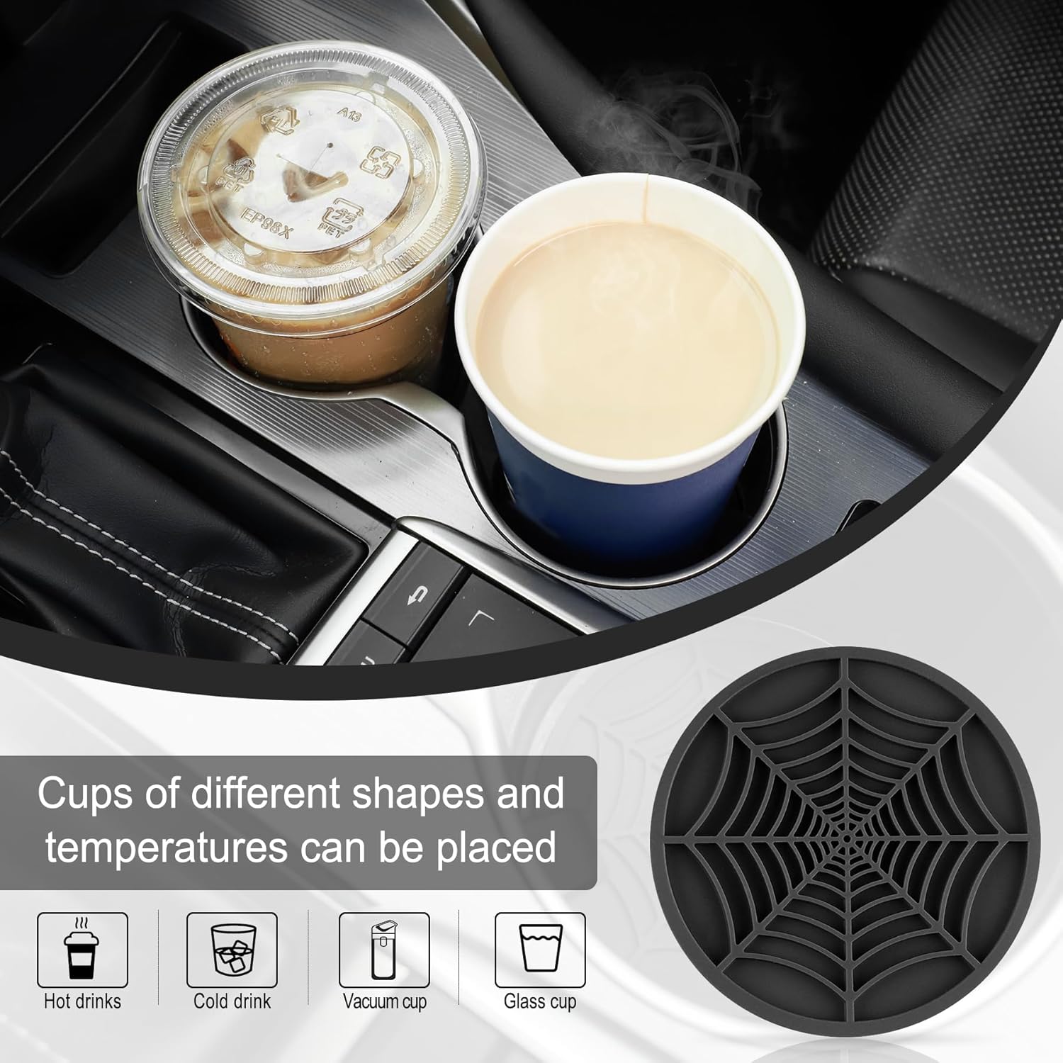 4PCS Spider Web Car Coasters for Cup Holders, Halloween Funny Non-Slip Silicone Insert Ornaments Coasters, Automotive Cupholder Goth Accessories for Men & Women(Black) - Image 4