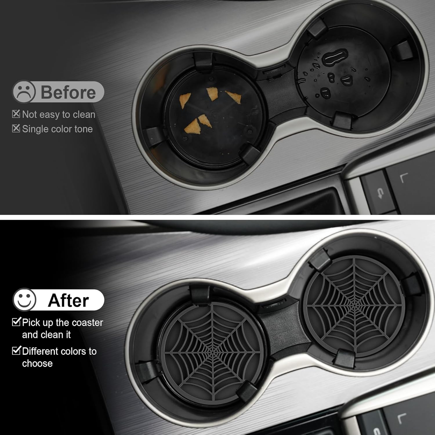 4PCS Spider Web Car Coasters for Cup Holders, Halloween Funny Non-Slip Silicone Insert Ornaments Coasters, Automotive Cupholder Goth Accessories for Men & Women(Black) - Image 5