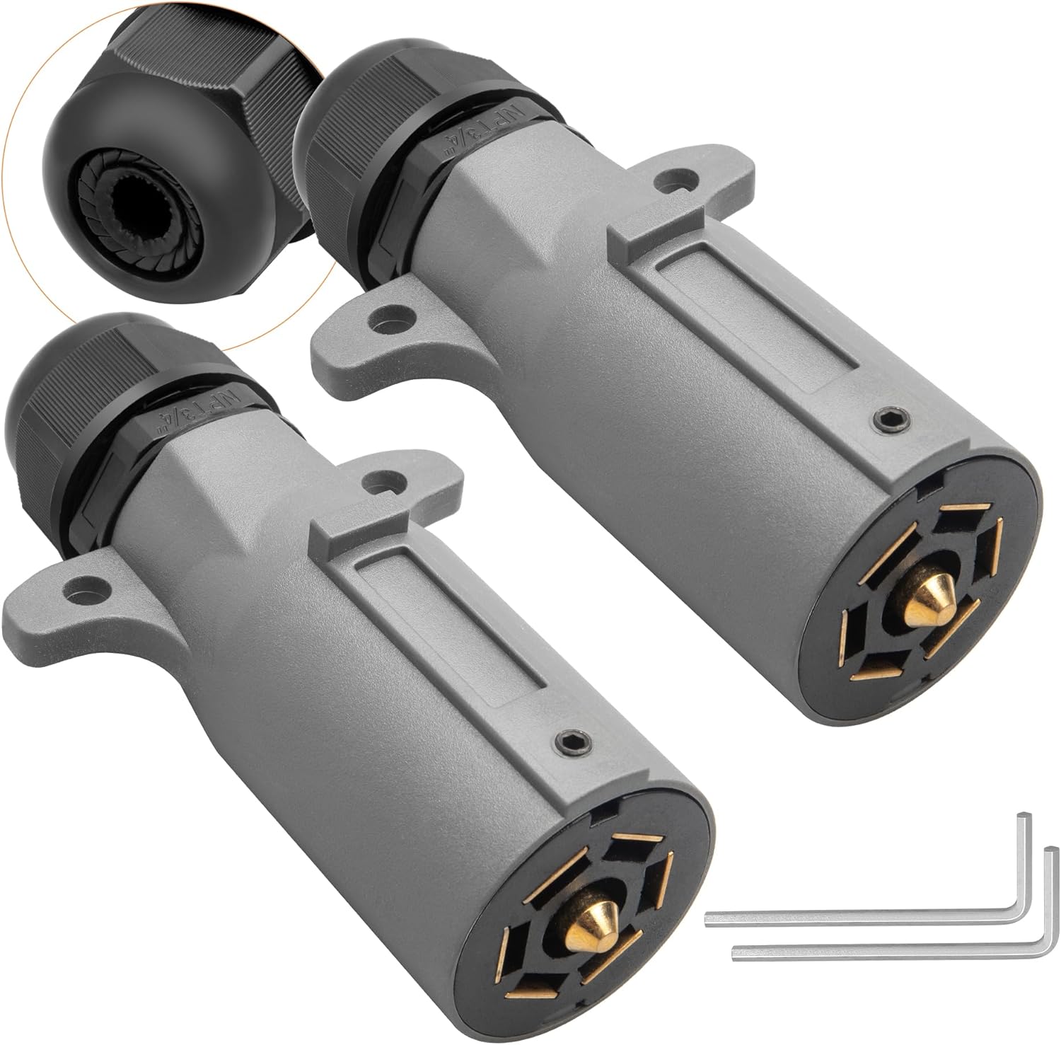 RV 7 Pin Trailer Plug with IP68 Waterproof Seal 2PCS, Detachable 7 Way Round RV-Style Trailer Side Connector 7 Point Trailer Wiring Plug - Image 1
