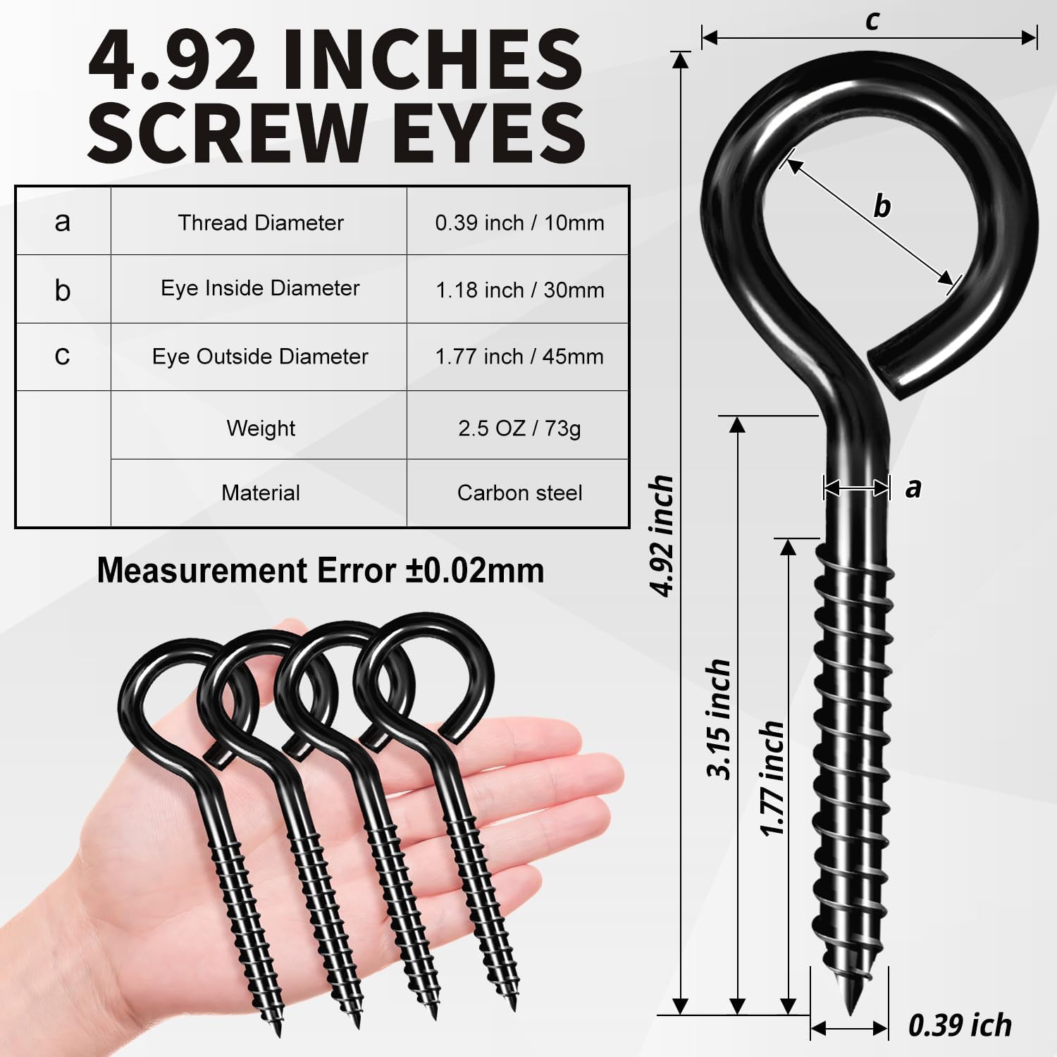 5 Inch Eye Hooks, Large Eye Bolts Screw in Hooks Carbon Steel, 4 Pcs Heavy Duty Black Large Screw Eye Hooks for Wood Securing Cables Wire, Heavy-Duty Applications - Image 2