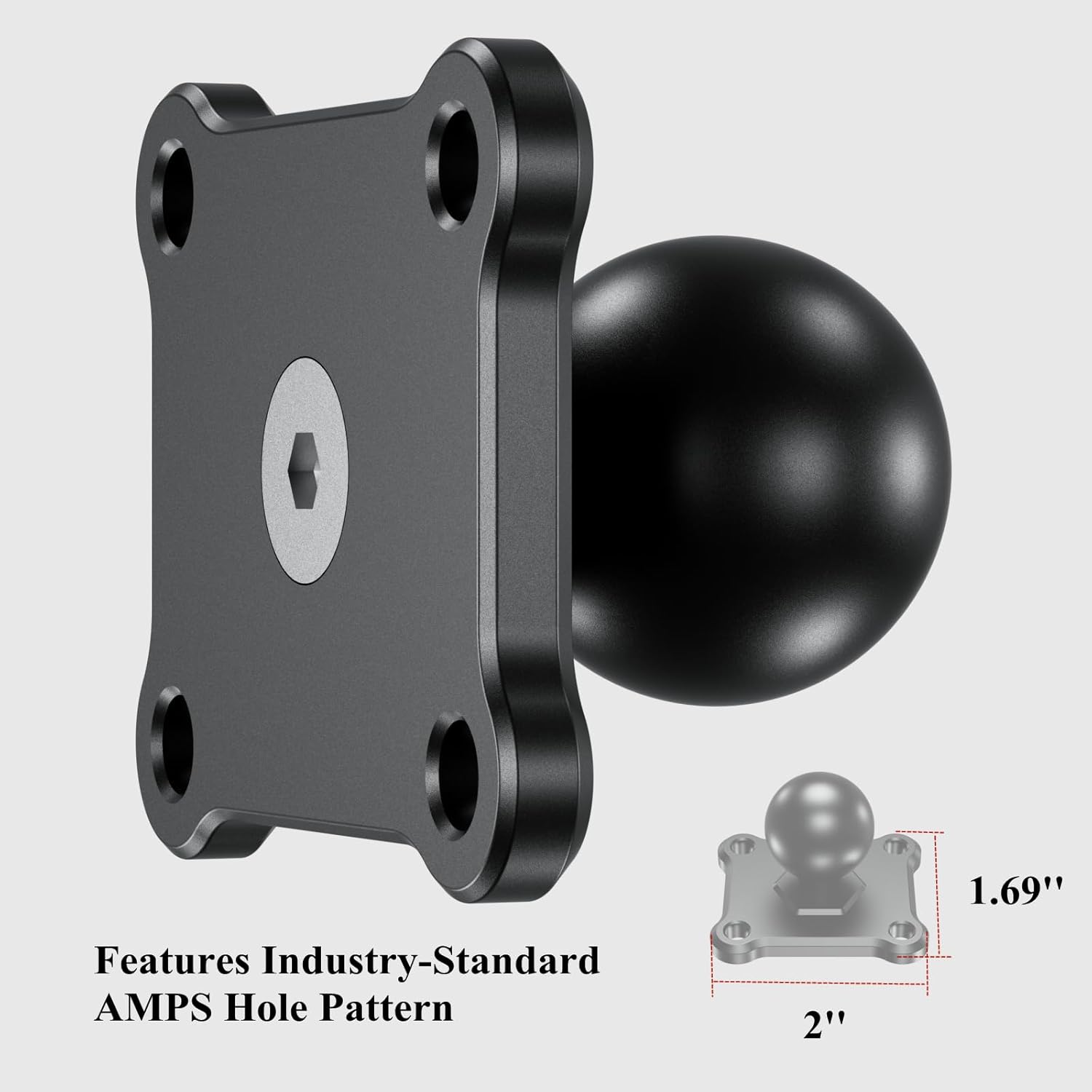 1'' Ball Mount Base with Aluminum Alloy 4-Hole AMPS Square Plate Compatible with RAM Mounts B Size 1 Inch Ball Double Socket Arm - Image 3