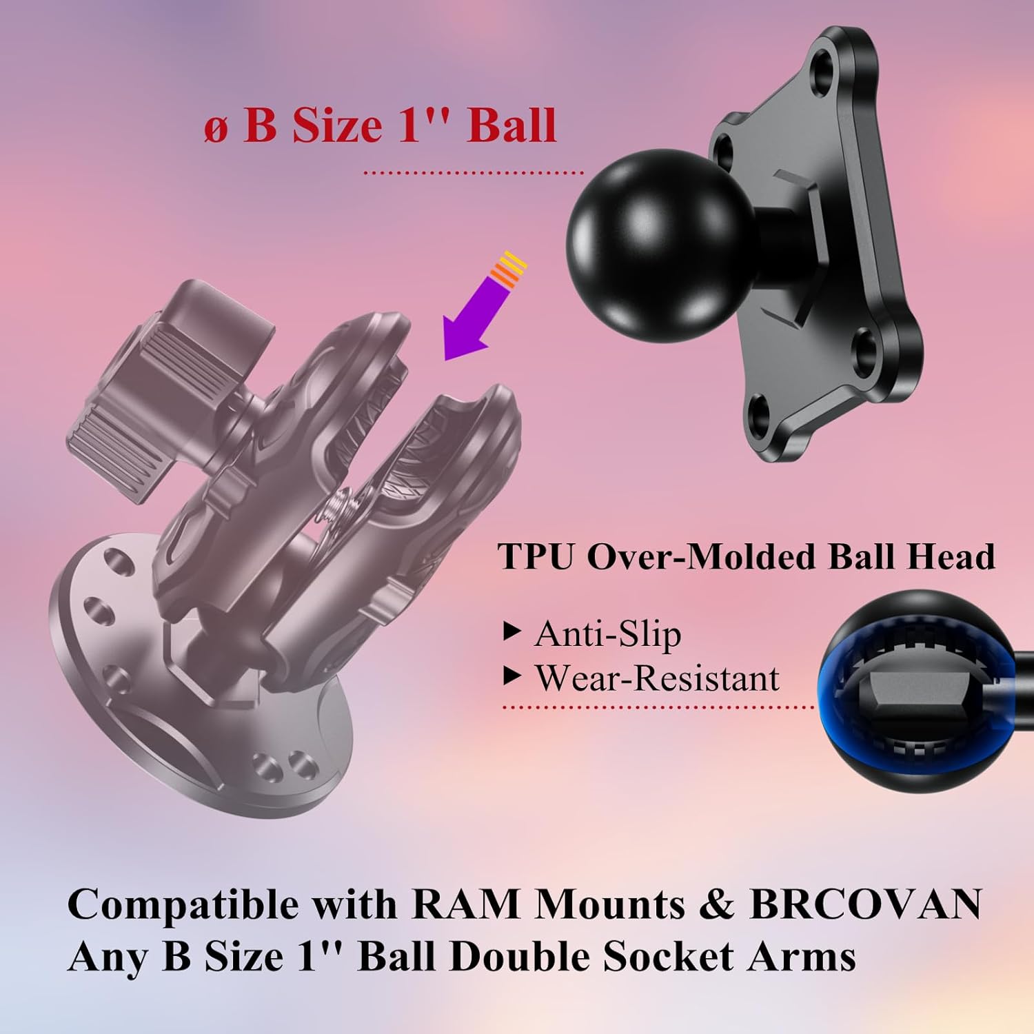 1'' Ball Mount Base with Aluminum Alloy 4-Hole AMPS Square Plate Compatible with RAM Mounts B Size 1 Inch Ball Double Socket Arm - Image 4