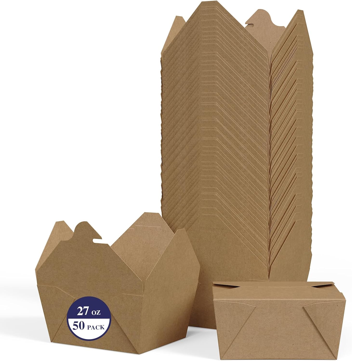 50 Pack 27 oz Take Out Food Containers, Kraft Brown Take Out Boxes Leak Grease Resistant and Stackable for Restaurants, Homes, Offices, Picnics - Image 1